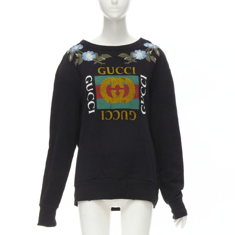 Gucci GUCCI blue floral embroidered vintage logo LOVED studded distressed sweatshirt S Size S / US 4 / IT 40 - 1 Thumbnail