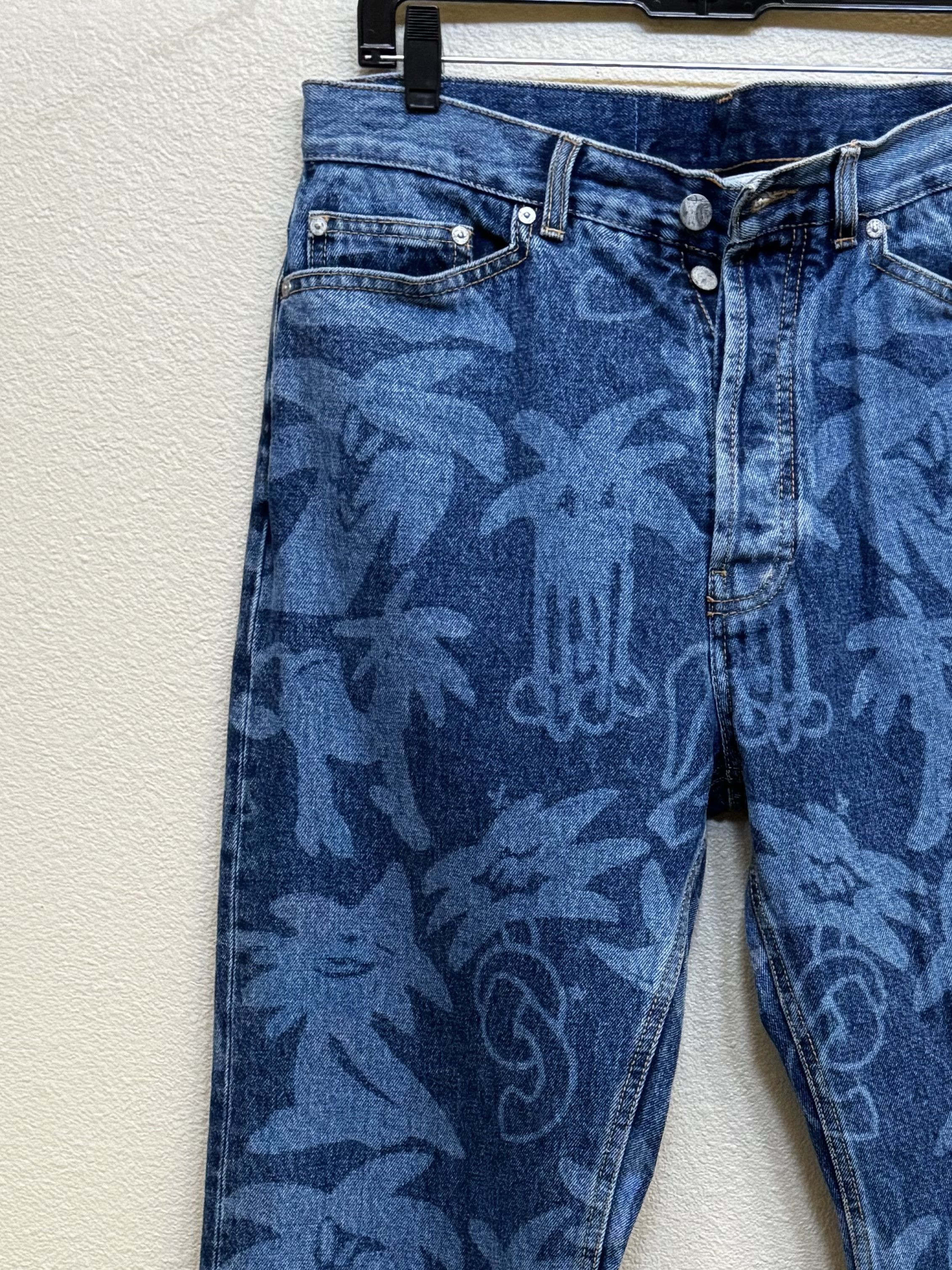 Palm Angels Palm Angels Palm Print Blue Denim Wide Leg Jeans