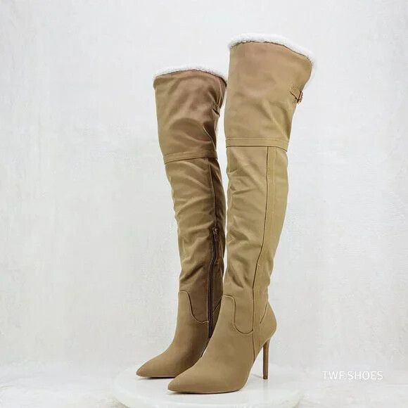Other Cozy Craze Taupe Nubuck Over The Knee Fleece High Heel Thigh Size US 8 / IT 38 - 4 Thumbnail