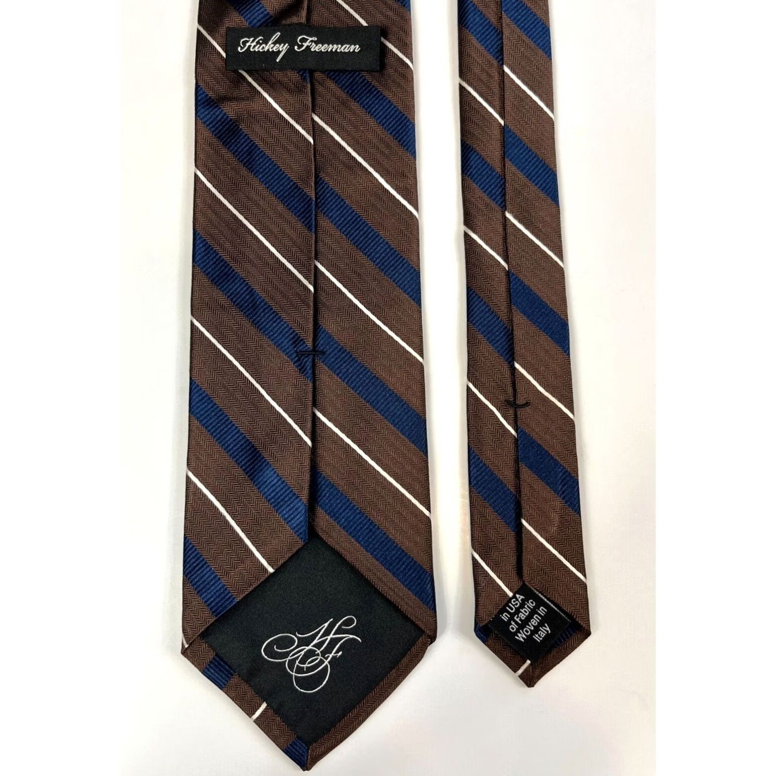 Vintage Hickey Freeman Men's Luxury Silk Tie Hand Made in USA Fabric Woven in Italy Striped 100% Silk 58" 3.5" Brown Size ONE SIZE - 7 Thumbnail