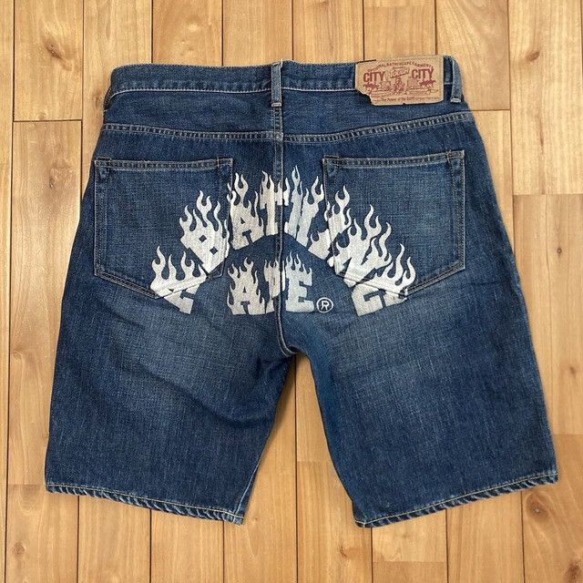 Bape FIRE BAPE LOGO Denim Shorts a bathing ape Flame NIGO ★size L Size US 34 / EU 50 - 1 Thumbnail