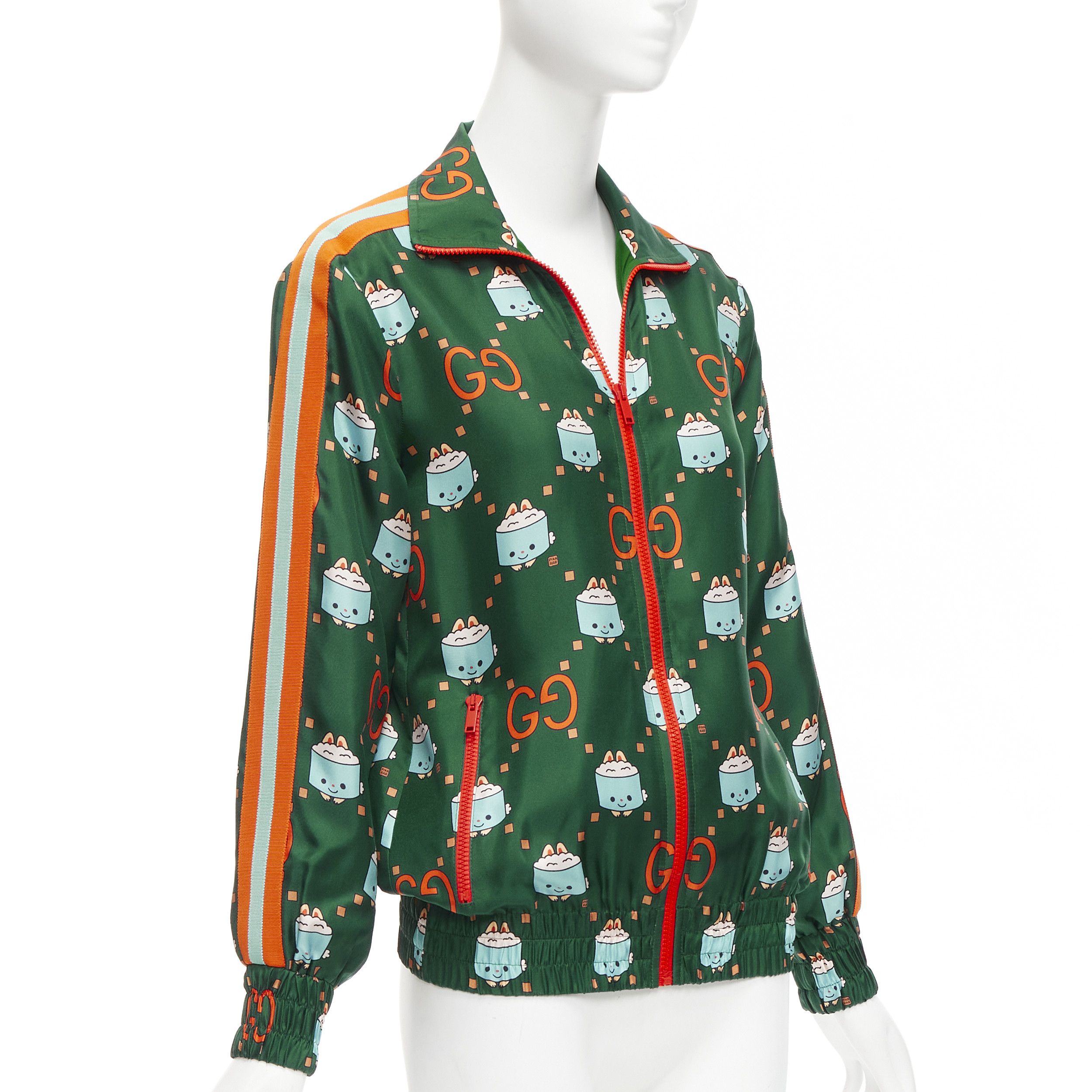 Image of Gucci 2023 Pikarar GG Logo Monogram Green Orange Silk Track Jacket Xxs, Women's