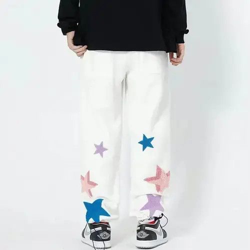 Jean Street fashion white hip hop fluffy star sweatpants Size US 31 - 4 Thumbnail