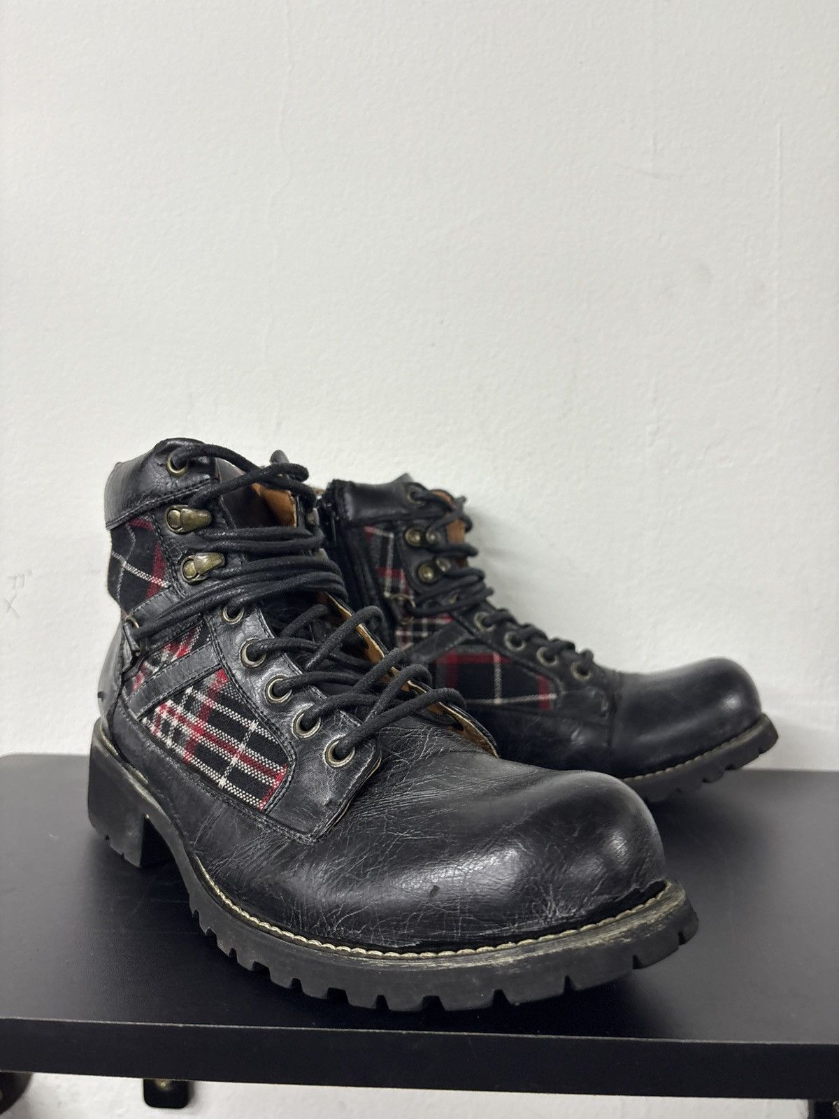 New Rock Asboo Gothic Punk Plaid Boots Studded Black Leather Size US 7.5 / EU 40-41 - 19 Thumbnail