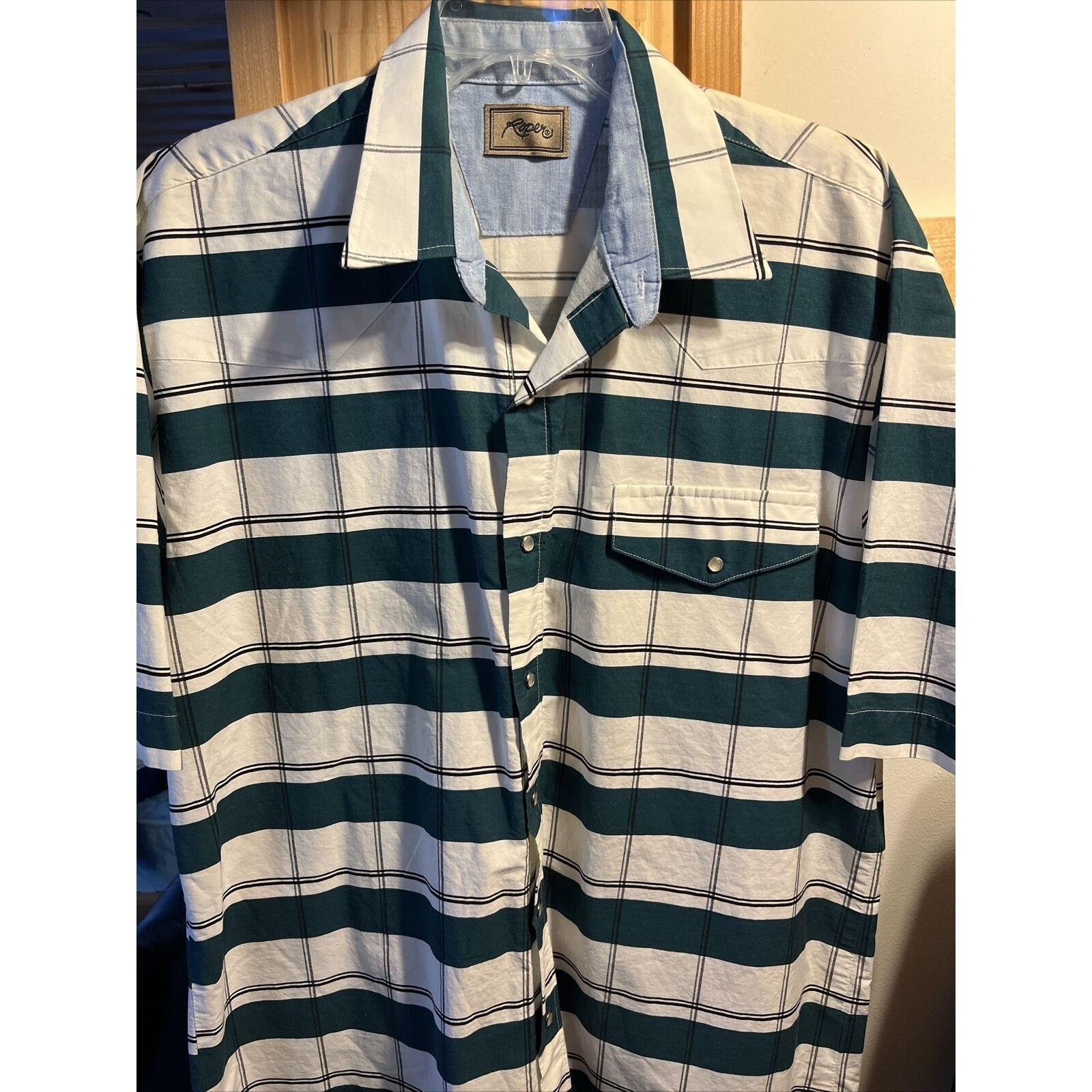 Roper Roper Men’s XL White Green Striped Pearl Snap Cotton Shirt Size US XL / EU 56 / 4 - 2 Thumbnail