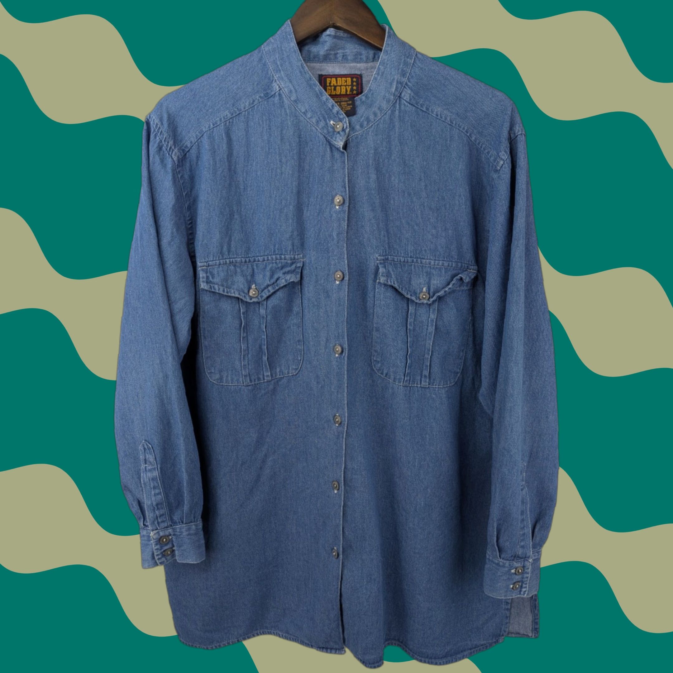 Faded Glory VTG Faded Glory Denim Chambray Band Collar Long Sleeve Button Shirt Women's 20W Denim Shirt Color Blue Size 20W Buttons Button-Up 100% Cotton Mens? Size 3XL / US 20-22 - 1 Thumbnail