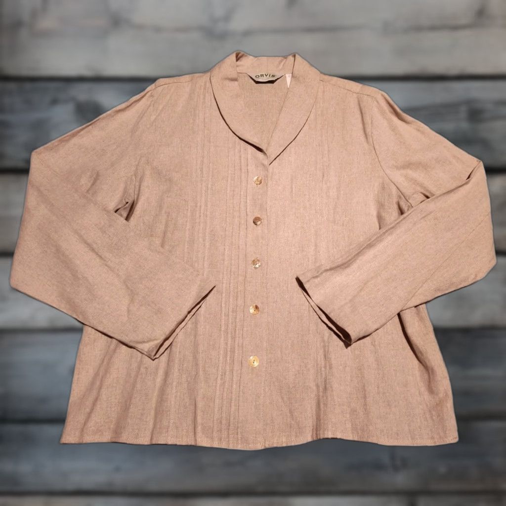 Orvis VINTAGE Orvis Women's Linen Rayon Button-Up Shirt 20 Long Sleeve Beige Pleated Classic 80s 90s Size 3XL / US 20-22 - 1 Thumbnail