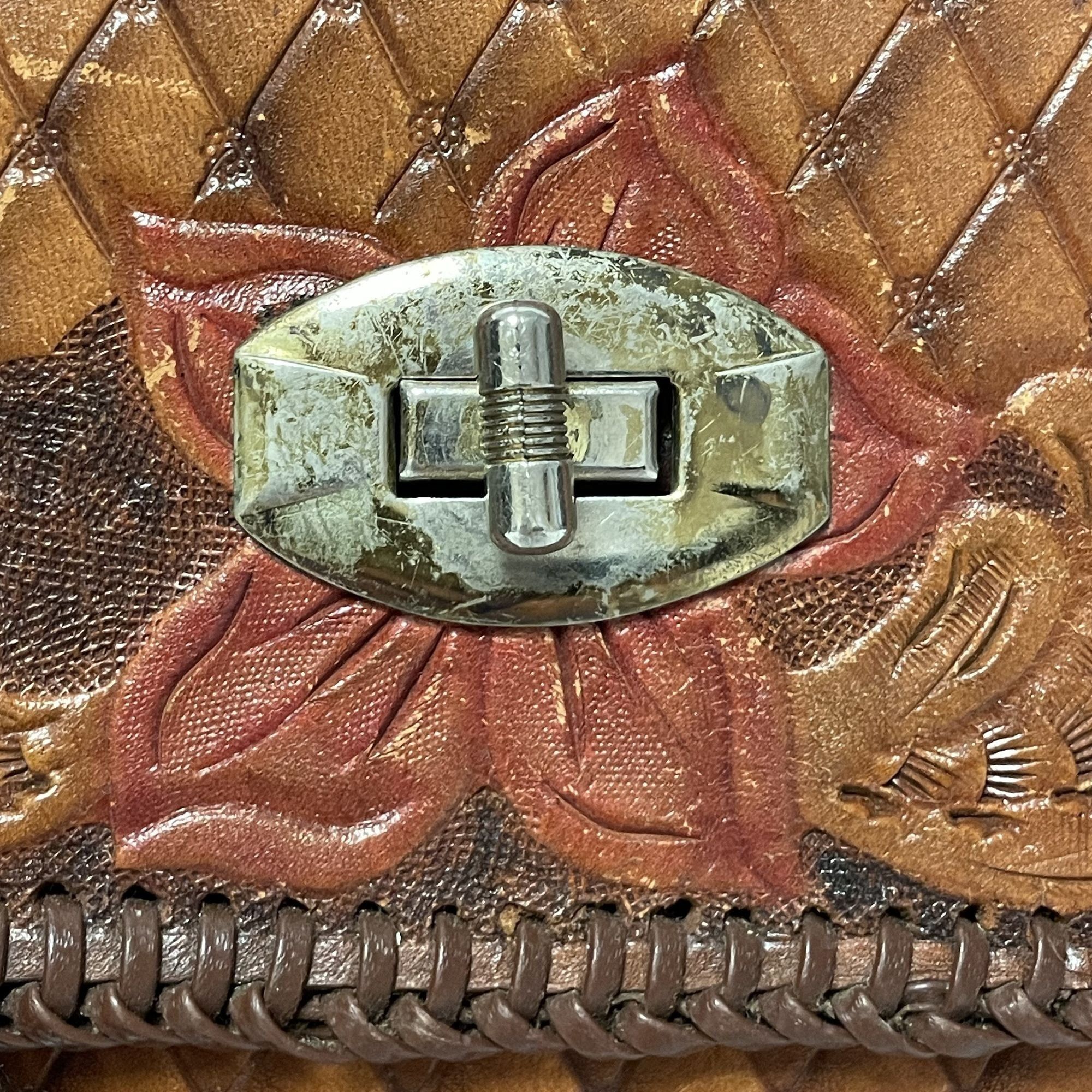 Handmade Vtg Hand Tooled Leather Hand Bag Red ROSE Floral Purse Size ONE SIZE - 5 Thumbnail