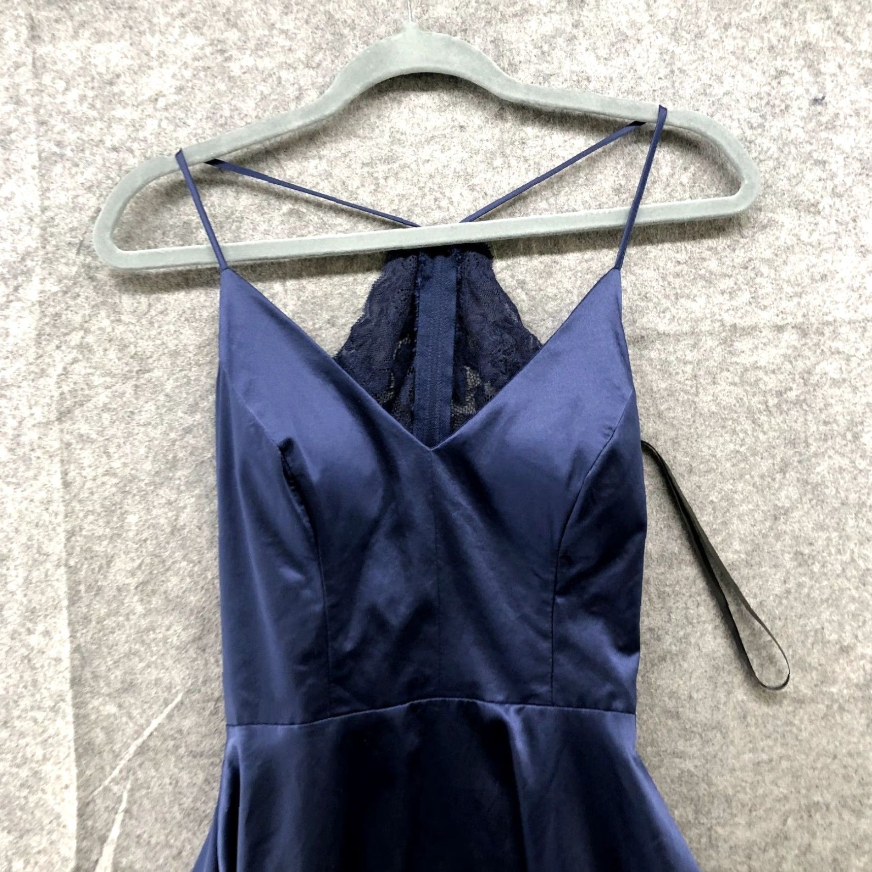 Vintage B. Darlin Satin Dress Size 7/8 Dark Blue Cut Out Lace Back Fit Flare Padded Cami Size M / US 6-8 / IT 42-44 - 3 Thumbnail