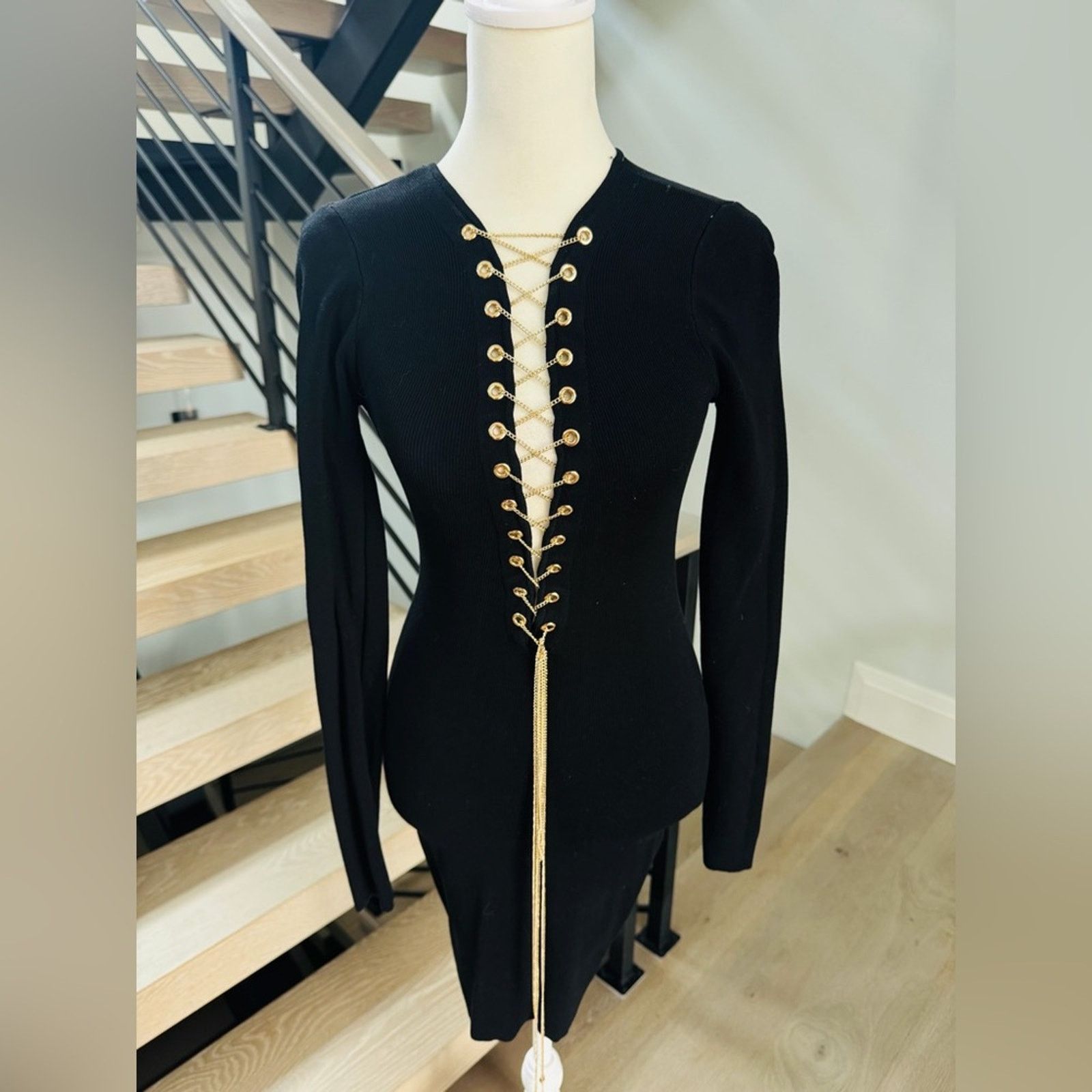 Other New Black Ribbed Knit Dress with Gold Chain Lace Detail S Size S / US 4 / IT 40 - 3 Thumbnail