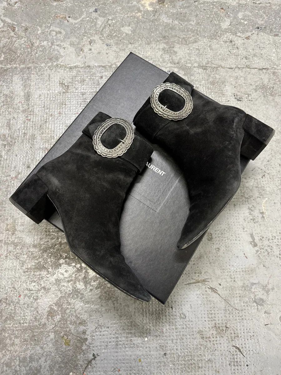Saint Laurent Paris Saint Laurent Navy Suede Ankle Metallic Buckle Boots Size US 7 / IT 37 - 4 Thumbnail