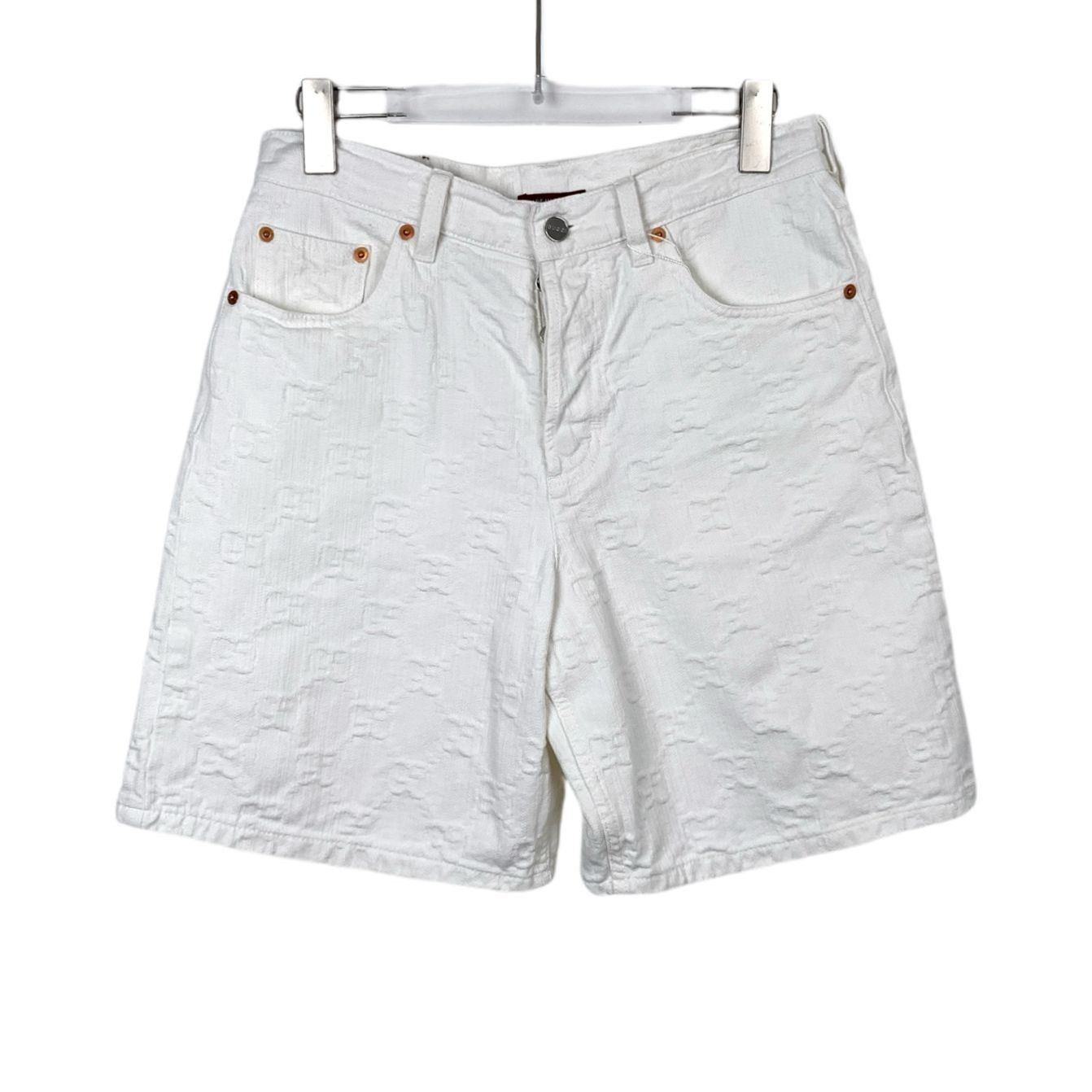 Gucci H9245 Gucci White Monogram Embossed Denim Shorts With Red Le Size 25" / US 0 / IT 36 - 1 Thumbnail