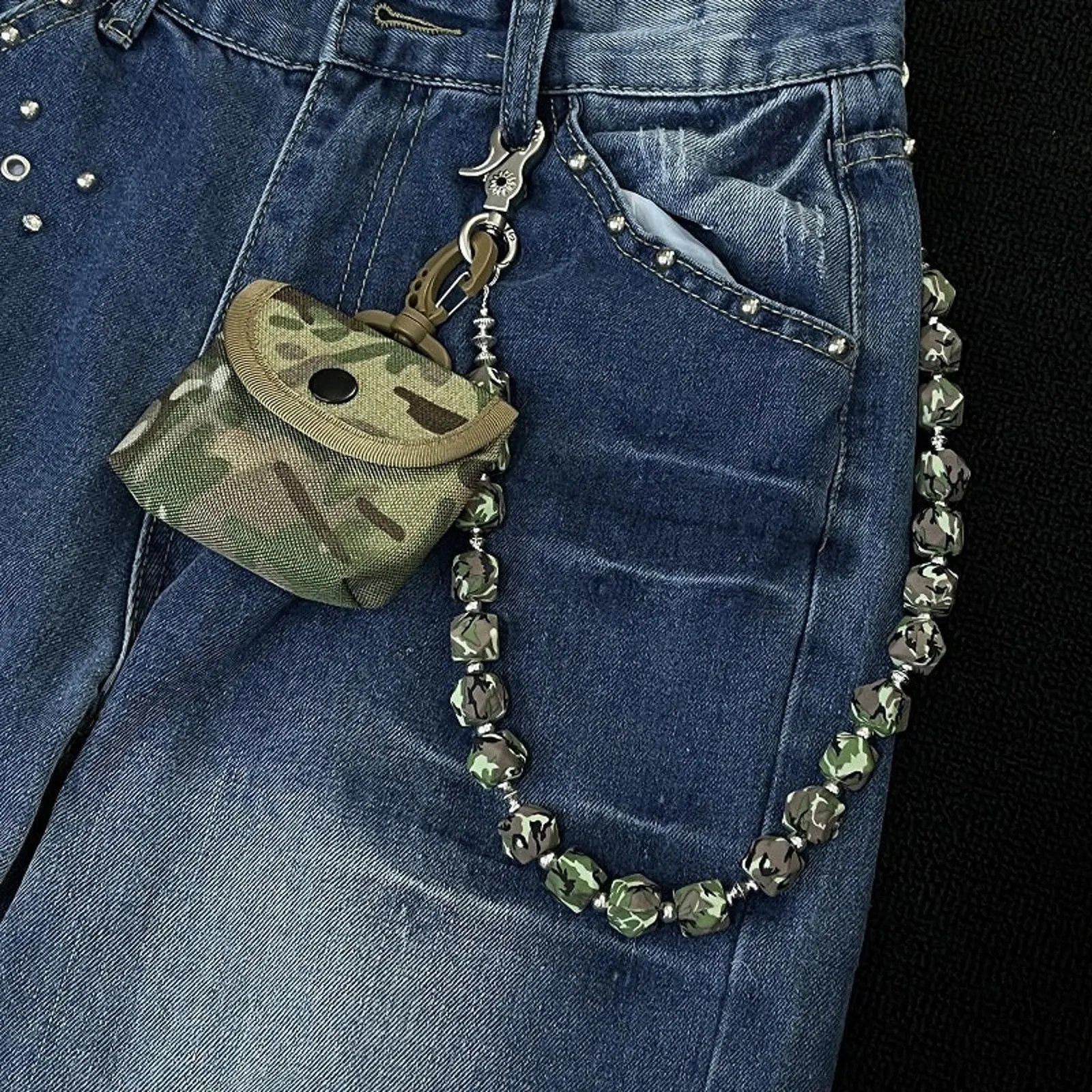 Vintage Camouflage Beaded Wallet Chain with Pouch, Pants Chain Size ONE SIZE - 1 Thumbnail