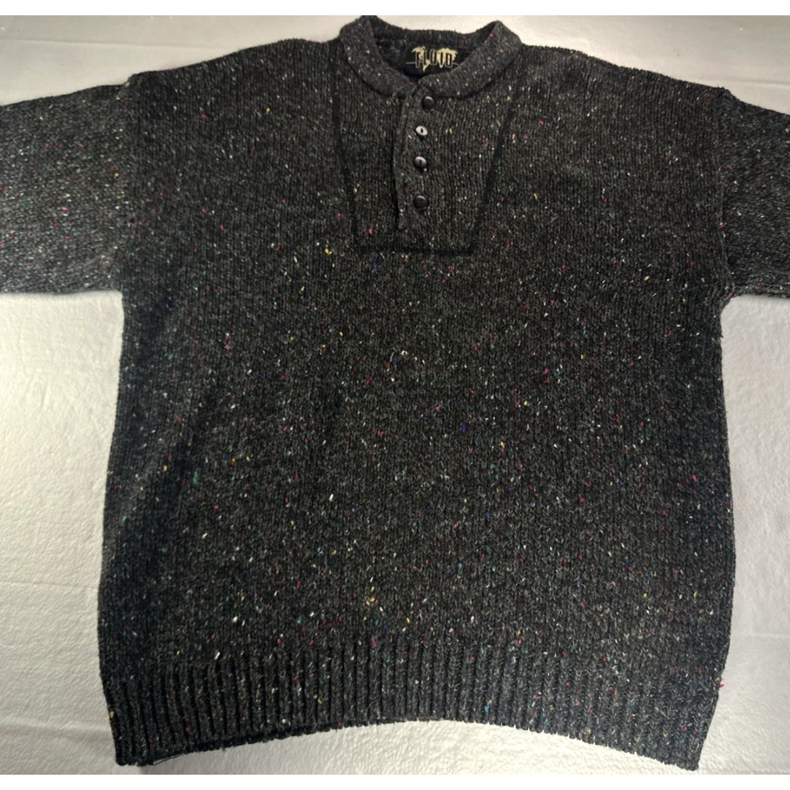 Vintage FLUID Fleck Knit Henley Sweater Men’s Large Gray Wool Blend Button Pullover Size US L / EU 52-54 / 3 - 4 Thumbnail