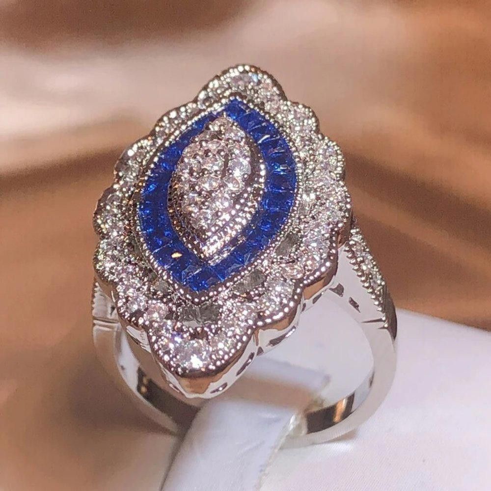 Designer Vintage 2.35CT White & Blue Sapphire Art Deco Ring - Size 7 Size ONE SIZE - 5 Thumbnail