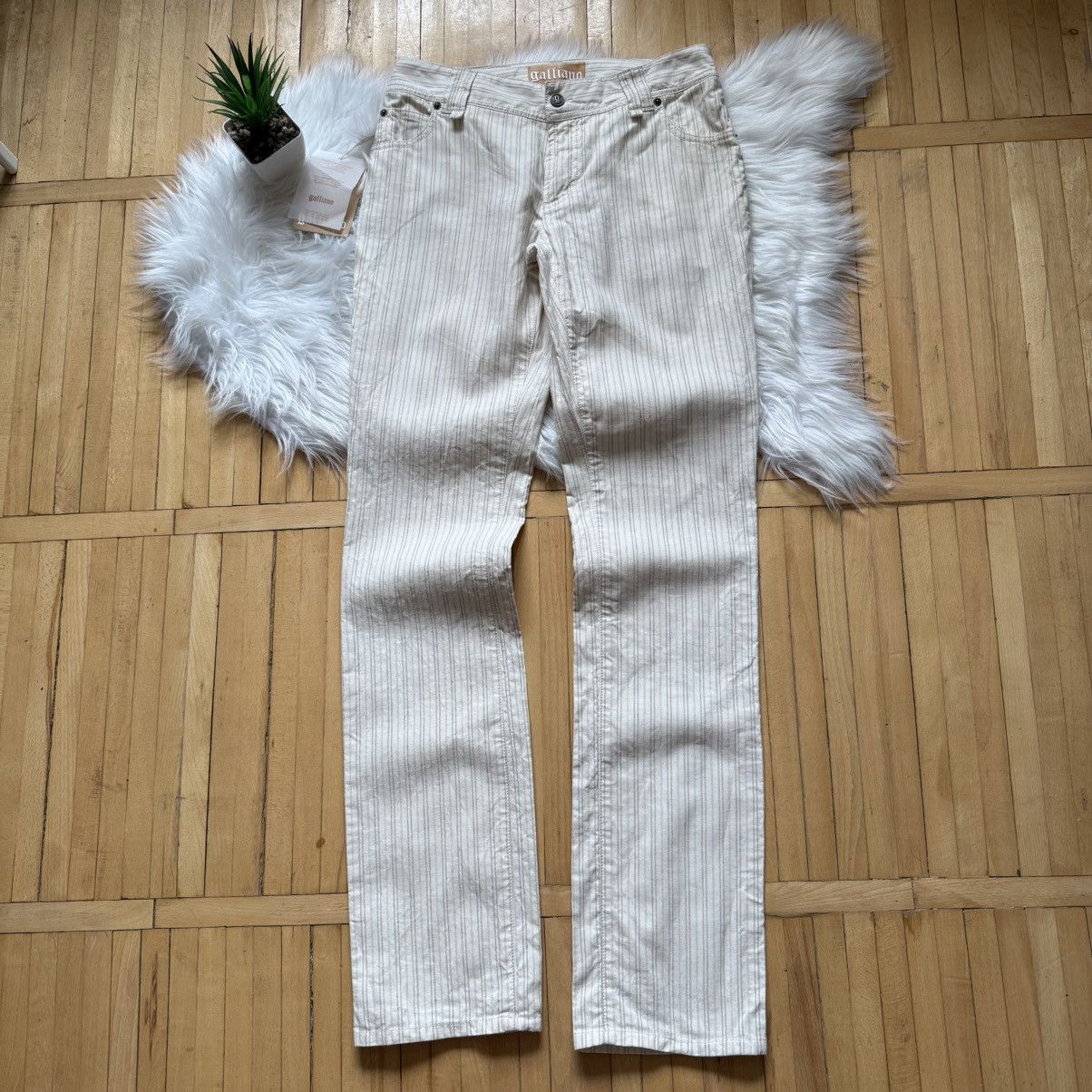 John Galliano 📌 NEW John Galliano Y2K 00s Big Logo Striped Beige Pants Size 29" - 8 Thumbnail