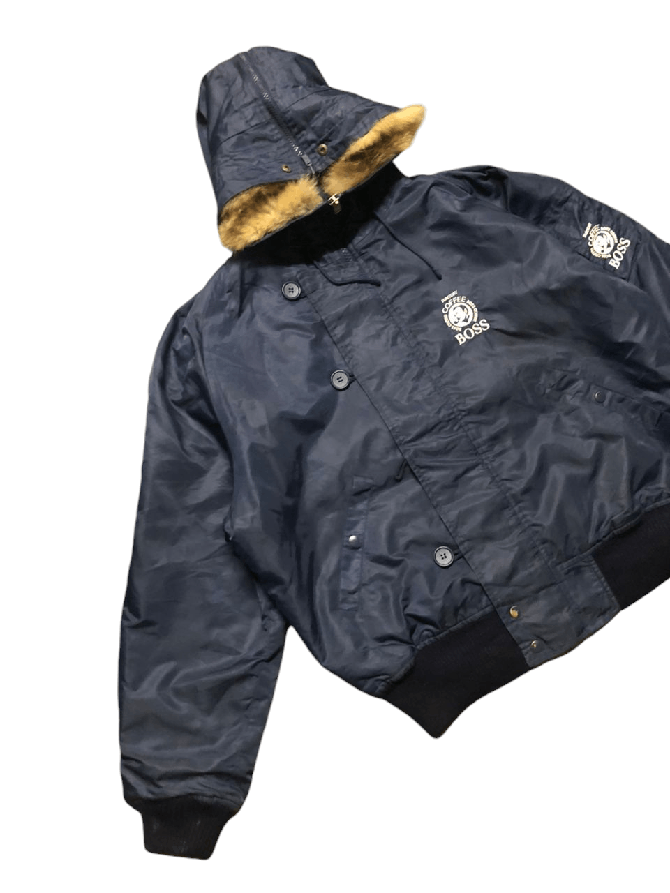 Vintage Suntory Boss Coffee Bomber jacket Raccoon Fur Hoodie