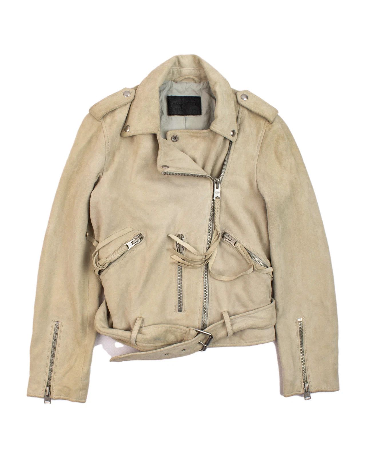 Allsaints Women's AllSaints Plait Balfern Suede Leather Jacket Beige Size XS / US 0-2 / IT 36-38 - 1 Thumbnail