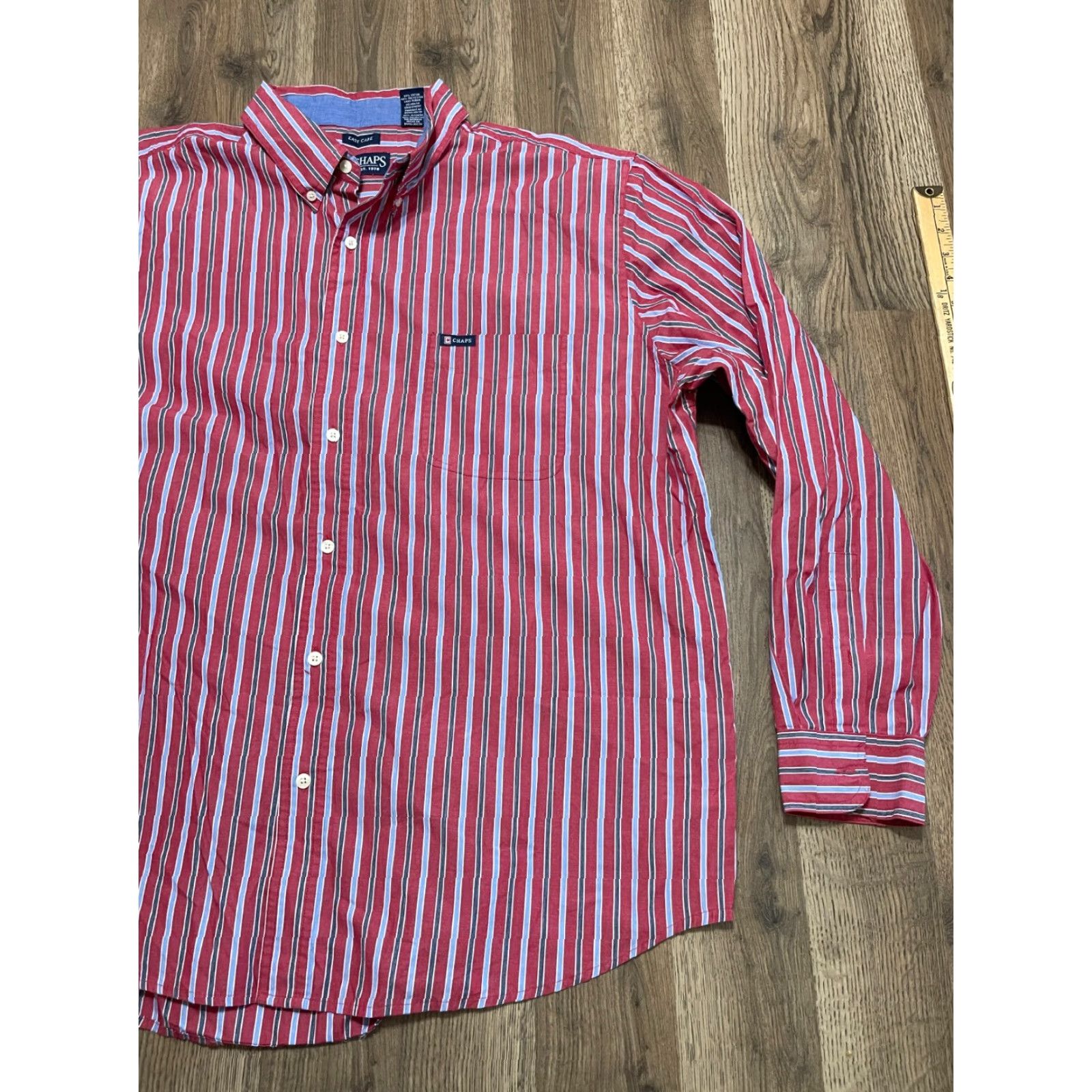 Chaps CHAPS Shirt Mens Medium Red Blue White Striped Button Up Shirt Dress Shirt Size 40R - 4 Thumbnail