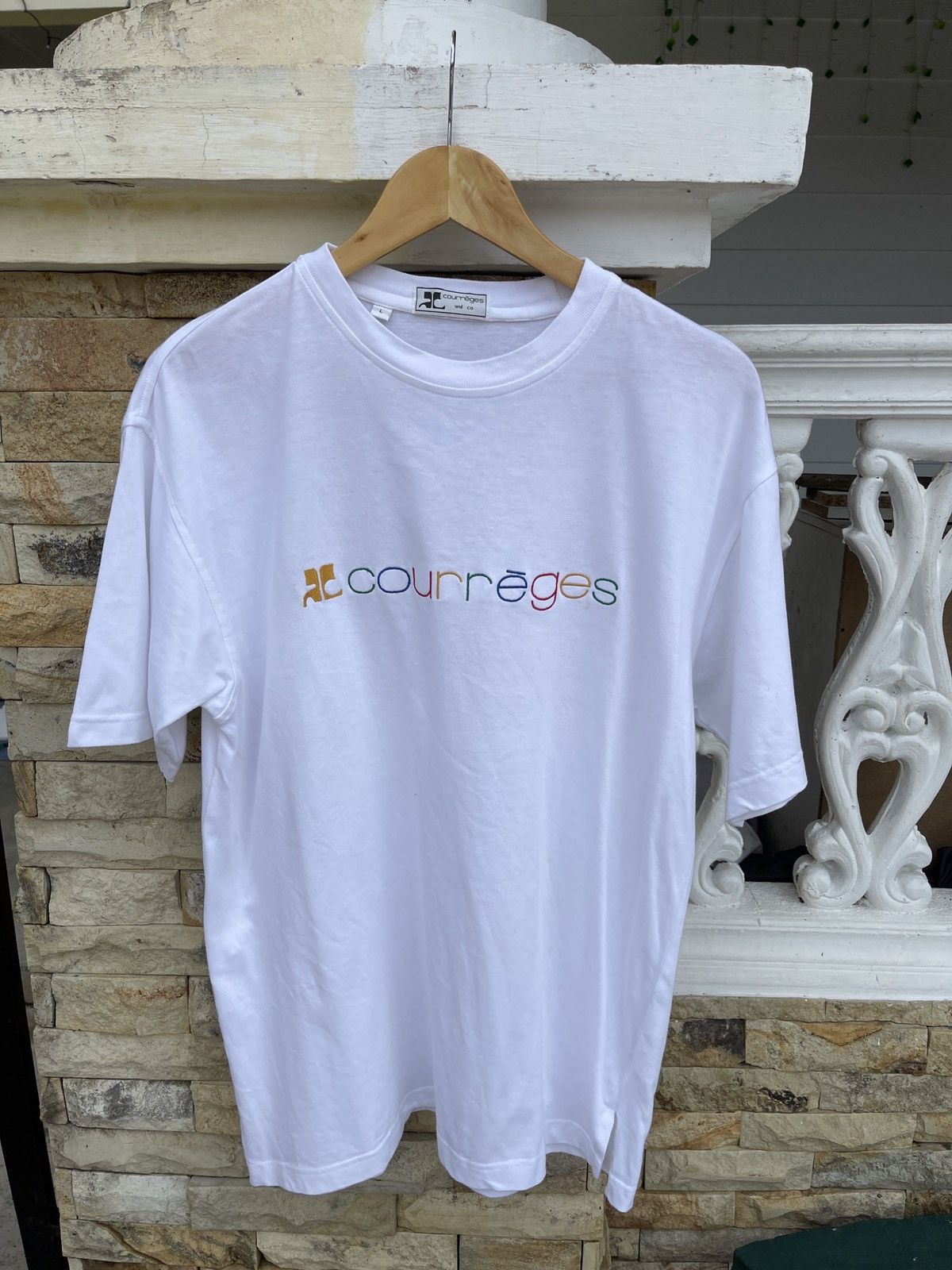 image of Andre Courreges x Courreges VTG Courreges Spellout Rainbow Embroidered Tee in White (Size Large)