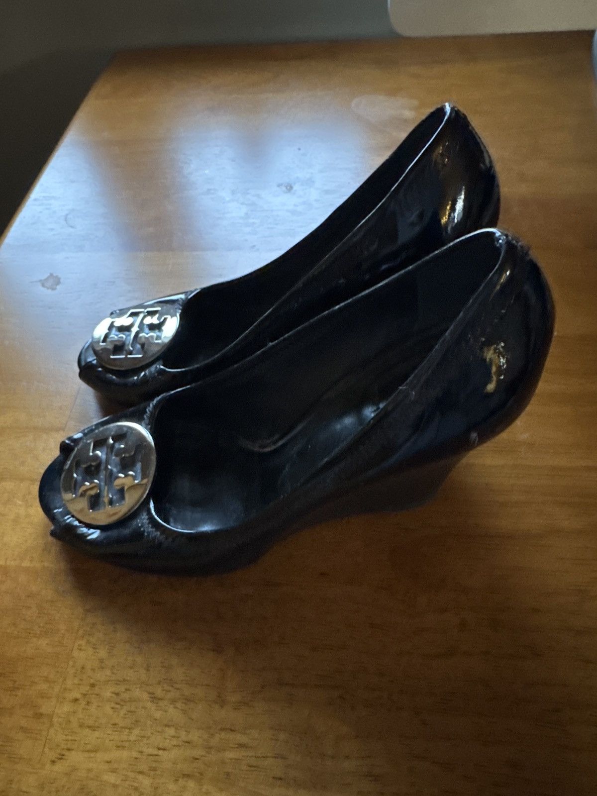 Tory Burch Tory Burch Black Patent peep toe wedge with silver buckle Size US 7 / IT 37 - 4 Thumbnail
