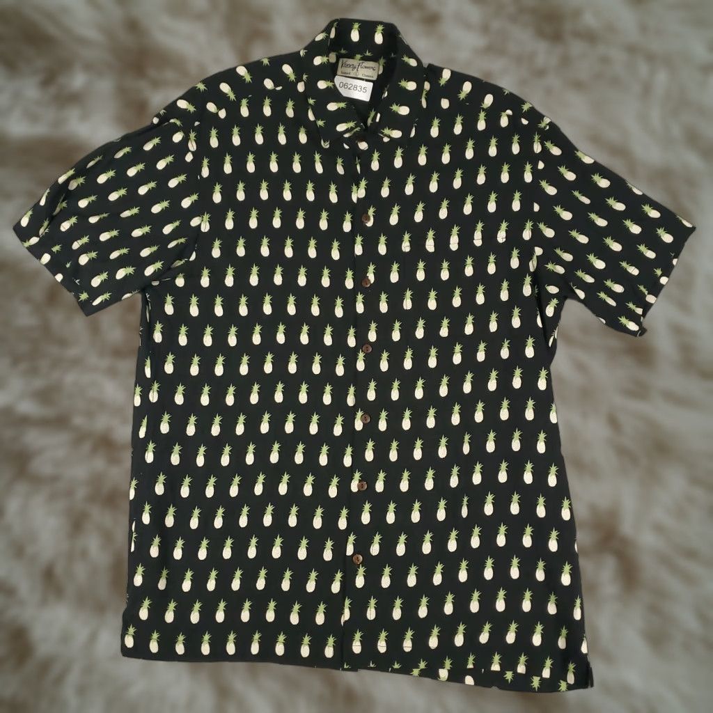 VINTAGE Kenny Flowers Hawaiian Shirt Mens Large Short Sleeve Button Up Rayon Geometric Black Summer Casual