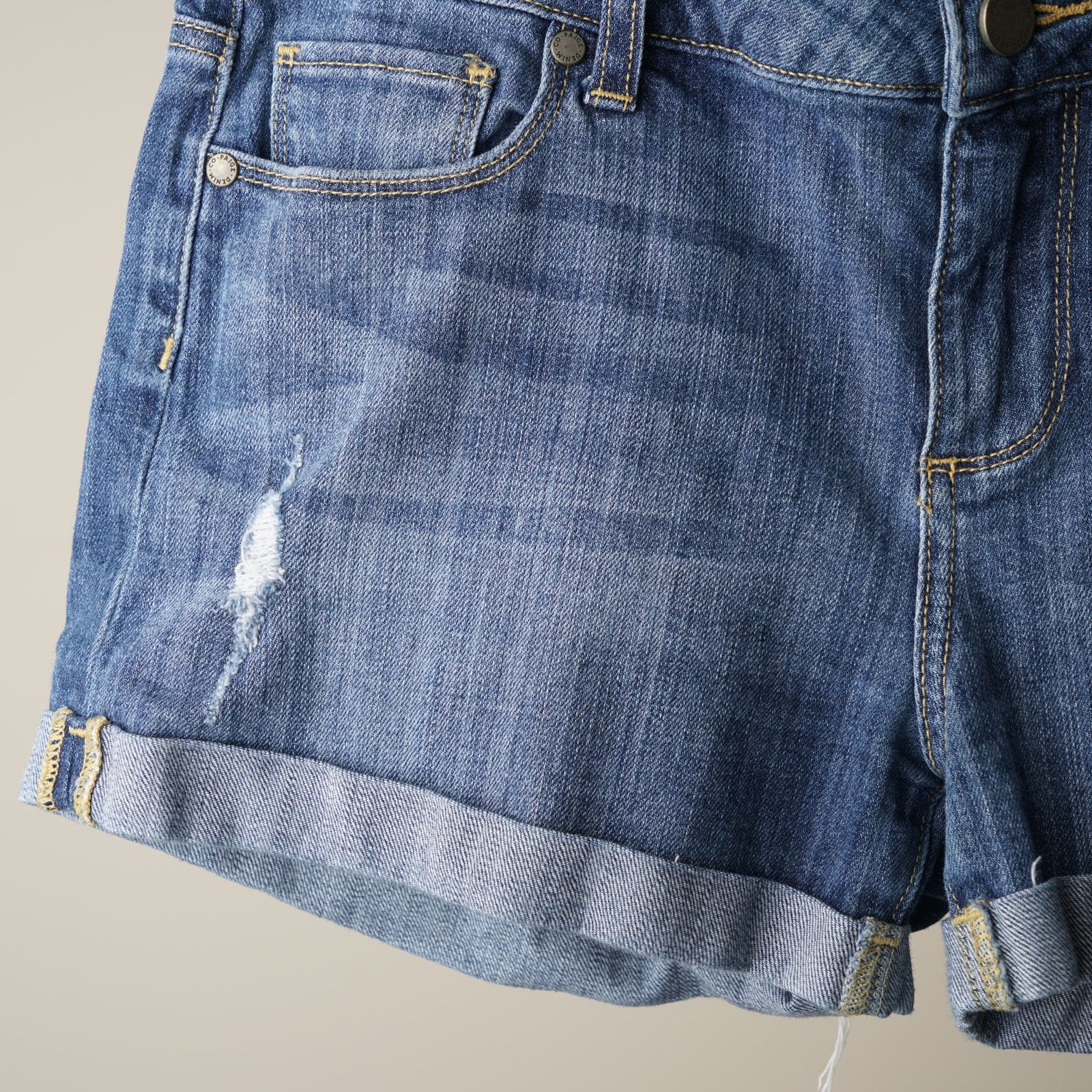 Paige Paige Rolled Cuff Hem Distressed Jean Shorts Medium Wash Zip Size 29" - 4 Thumbnail