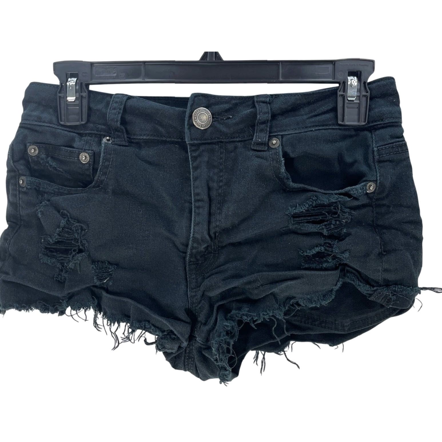 Vintage American Eagle Womens Festival Shorts 4 Black Denim Distressed High Rise Regular 5-Pocket Mens? Size 27" / US 4 / IT 40 - 2 Thumbnail