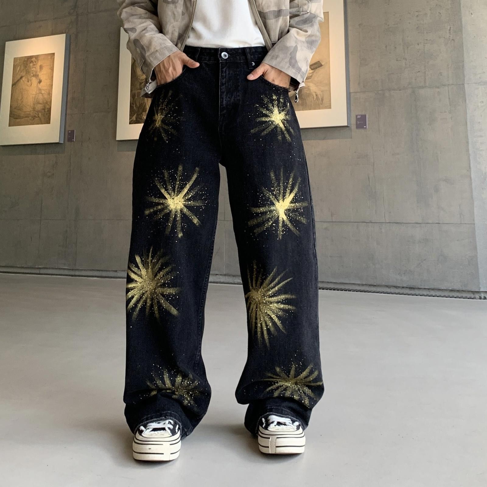 Vintage Black Baggy Wide Leg Jeans with Gold Starburst Print Size US 32 / EU 48 - 1 Thumbnail