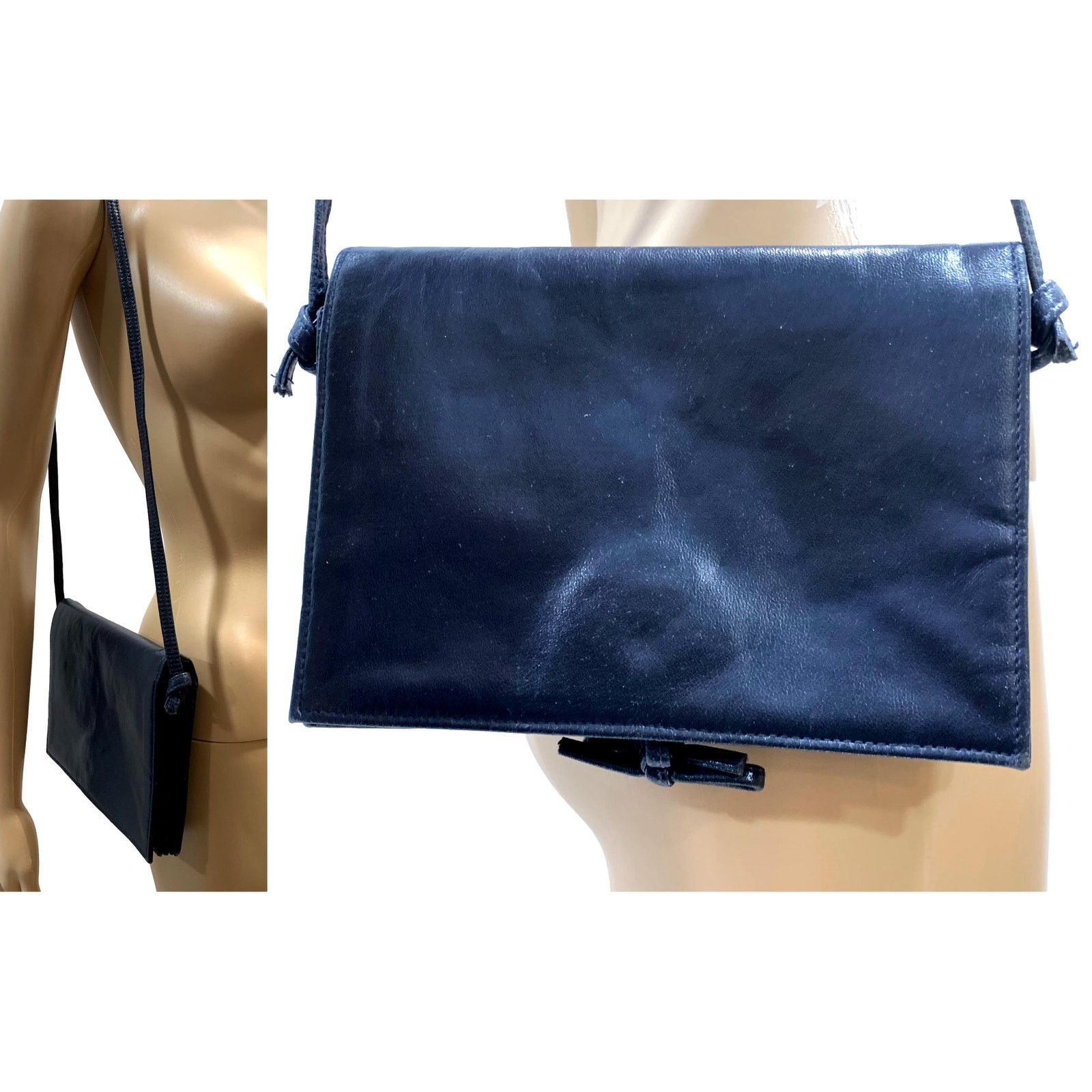 Vintage 70s Mod Markay Dark Blue Leather Shoulder Bag w Flap and Bow Size ONE SIZE - 7 Thumbnail