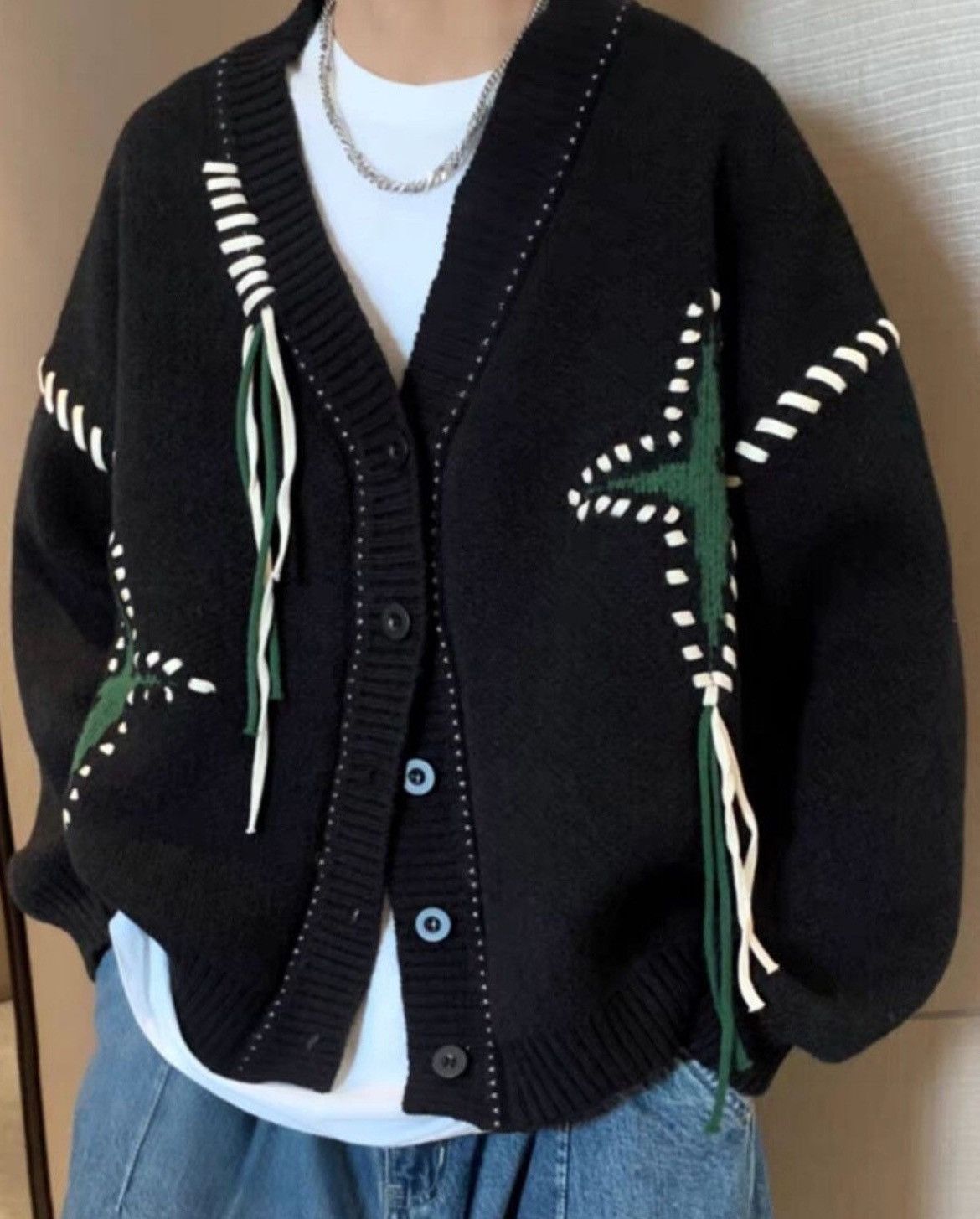 Japanese Brand Black star cardigan knitwear Size US XXL / EU 58 / 5 - 2 Thumbnail