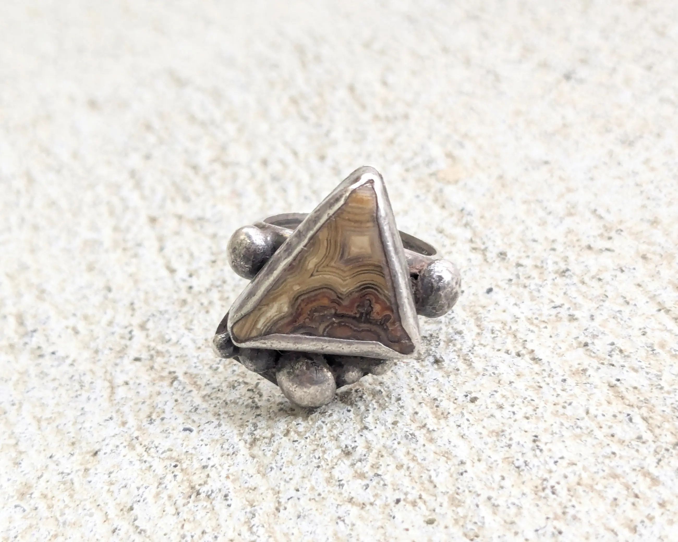 Sterling Silver Vintage Sterling Silver Ring Brown Agate Triangle Modern Size ONE SIZE - 5 Thumbnail