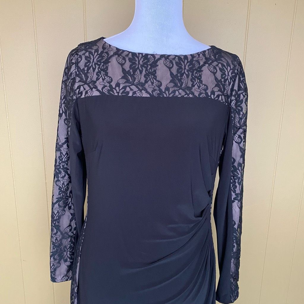 Other Women M fully lined midi dress w/black lace over tan rouched Size M / US 6-8 / IT 42-44 - 12 Thumbnail