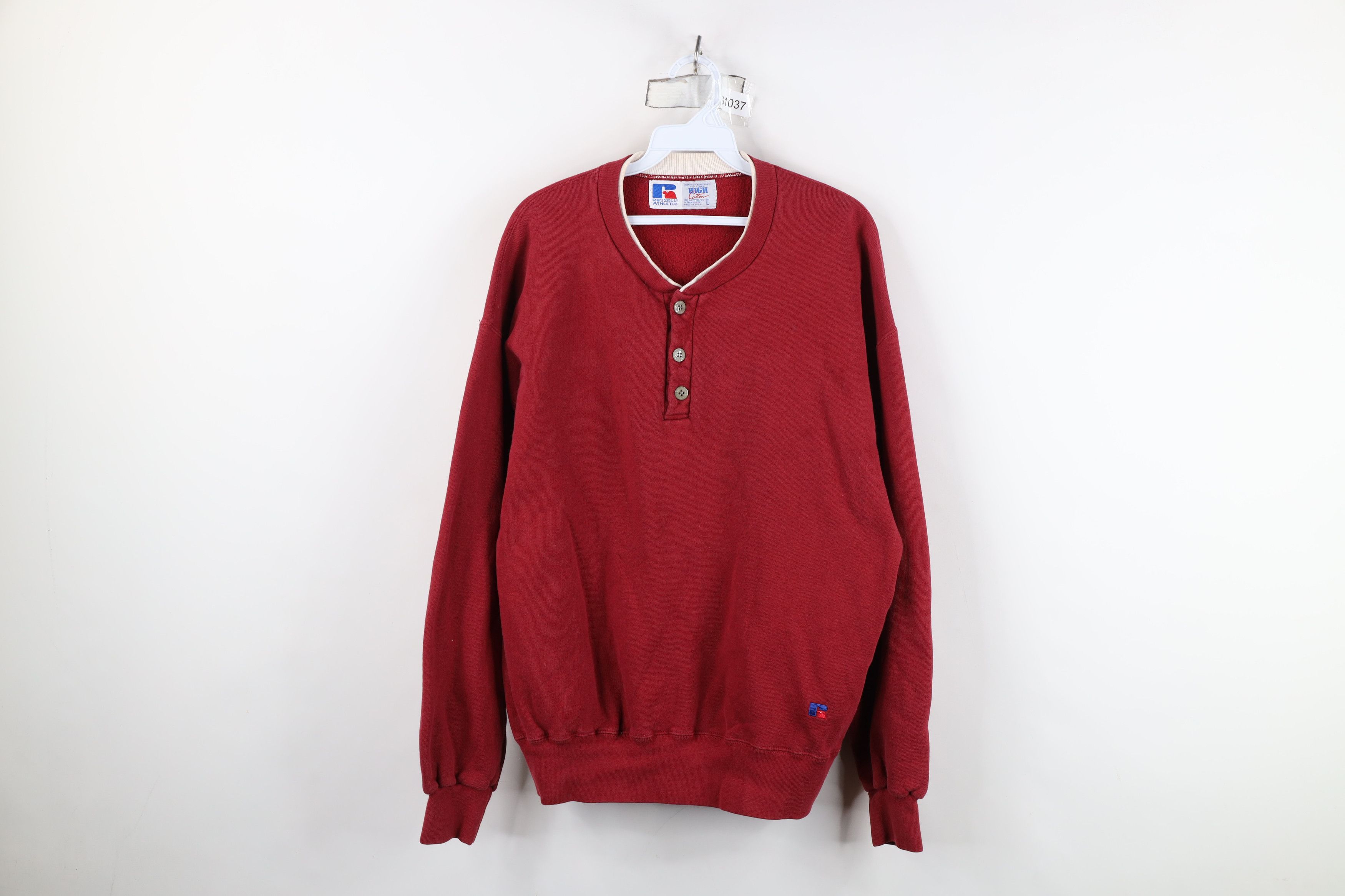 Russell Athletic Vintage 90s Russell Athletic Blank Henley Sweatshirt Red USA Size US L / EU 52-54 / 3 - 1 Thumbnail