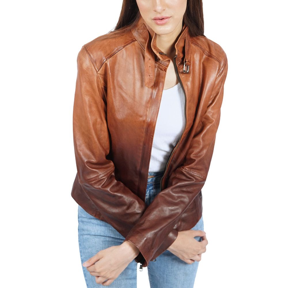 image of Genuine Leather Stella Back Belted Brown Leather Jacket, Women's (Size Medium)