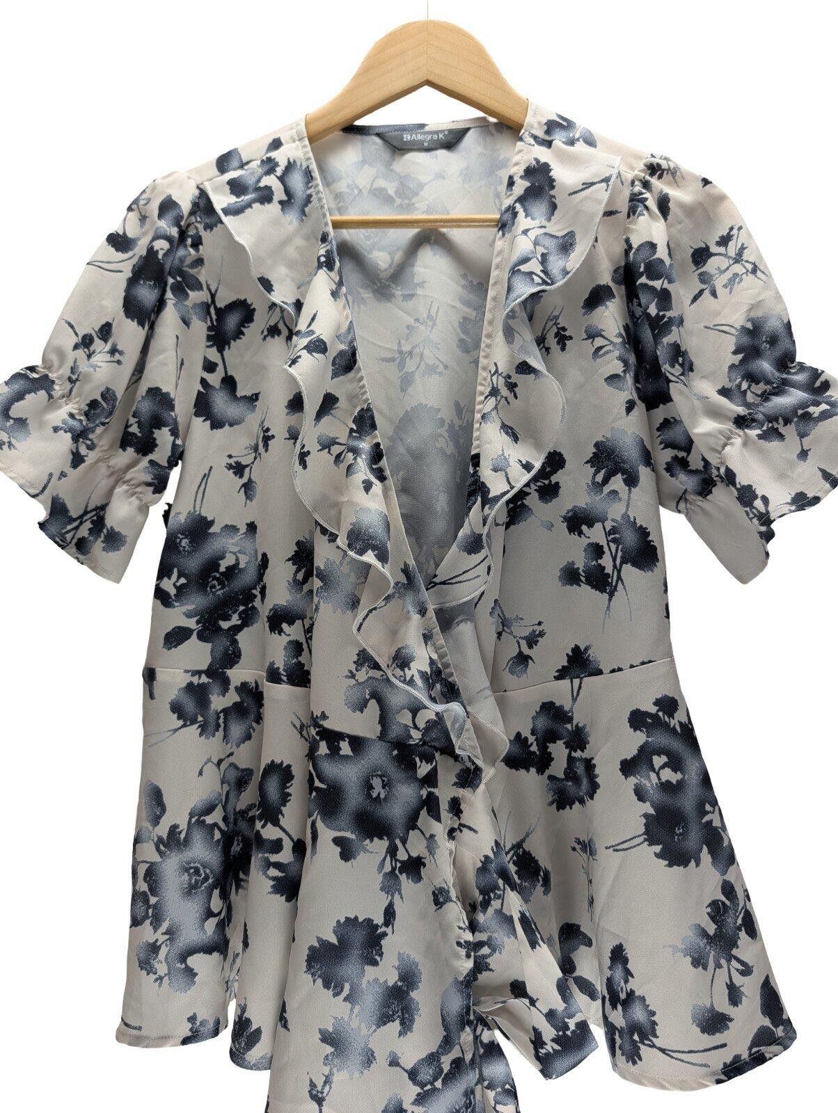 Allegri Allegra K Blouse M Tie Waist Ruffle Sleeve White Blue Floral Size M / US 6-8 / IT 42-44 - 1 Thumbnail