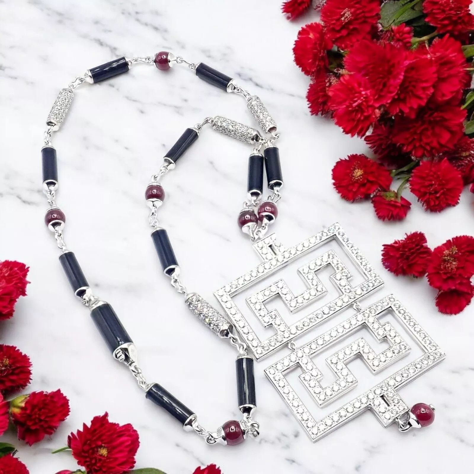Cartier 18k White Gold Onyx Ruby Diamond Pendant Necklace Size ONE SIZE - 2 Thumbnail