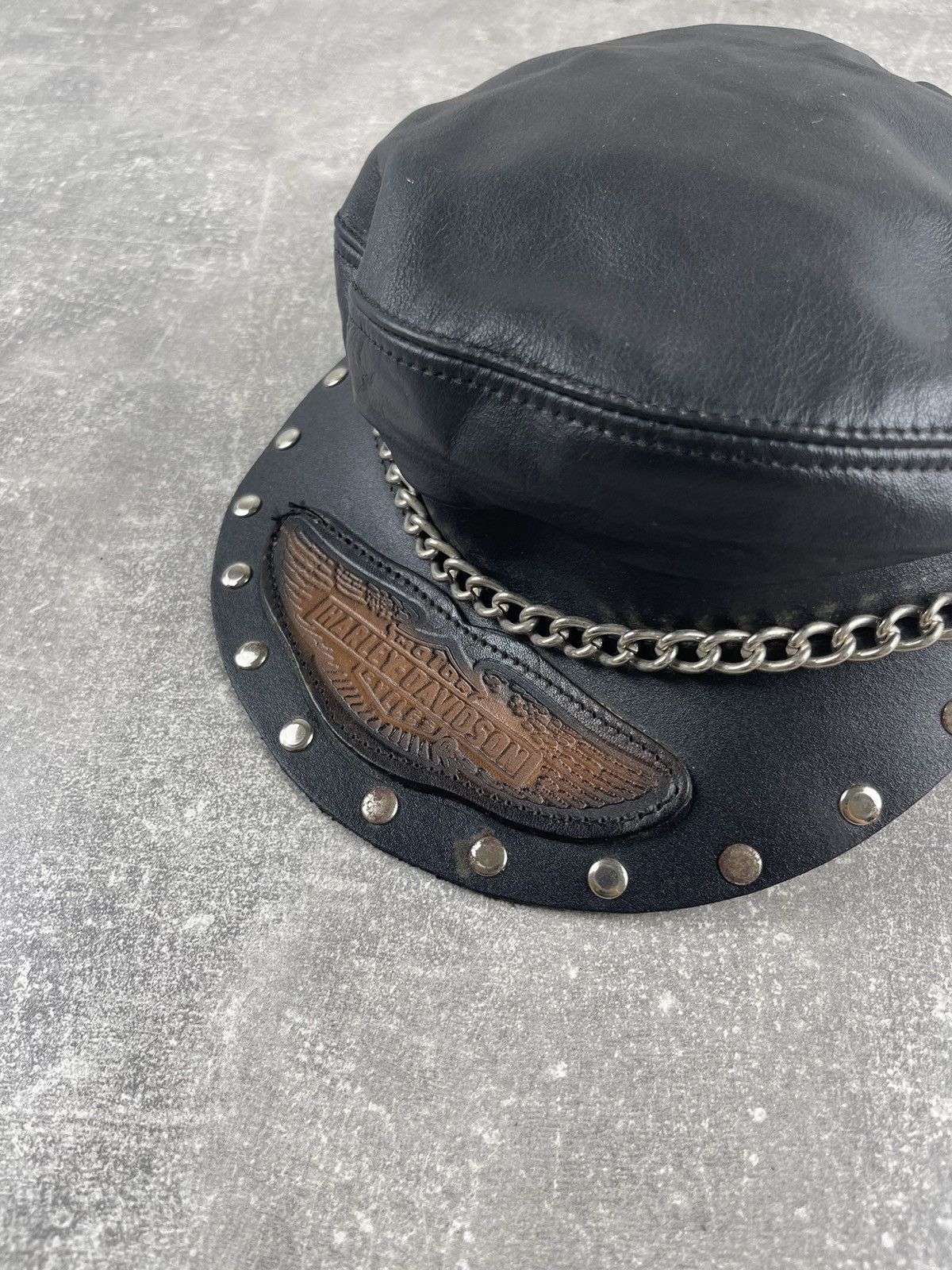 Harley Davidson × Vintage Harley Davidson Punk 80s Leather Logo Chain Captains Cap Size ONE SIZE - 7 Thumbnail