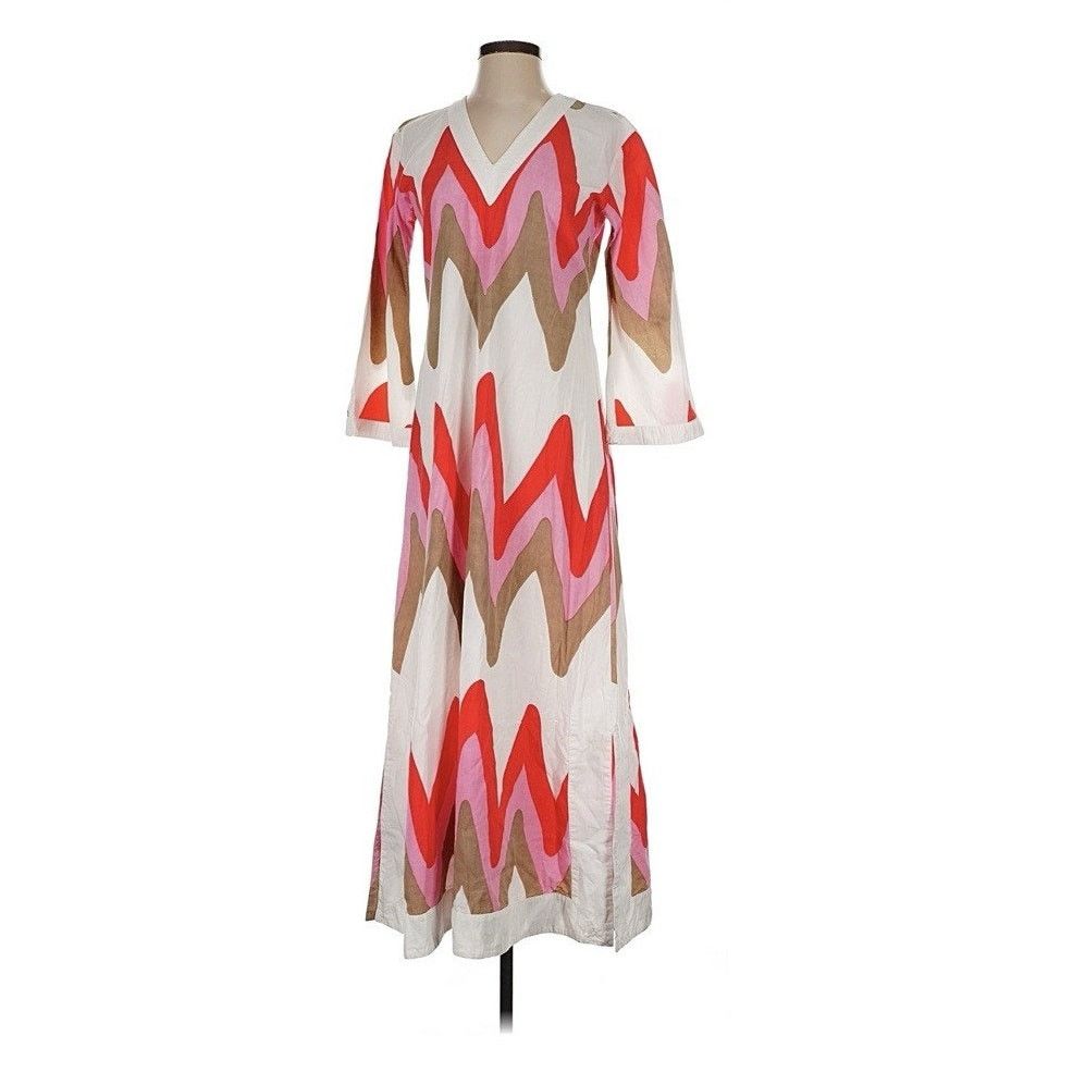 Other Virginia Witneck Red White Zig Zag Maxi Kaftan Cotton Small Size S / US 4 / IT 40 - 1 Thumbnail