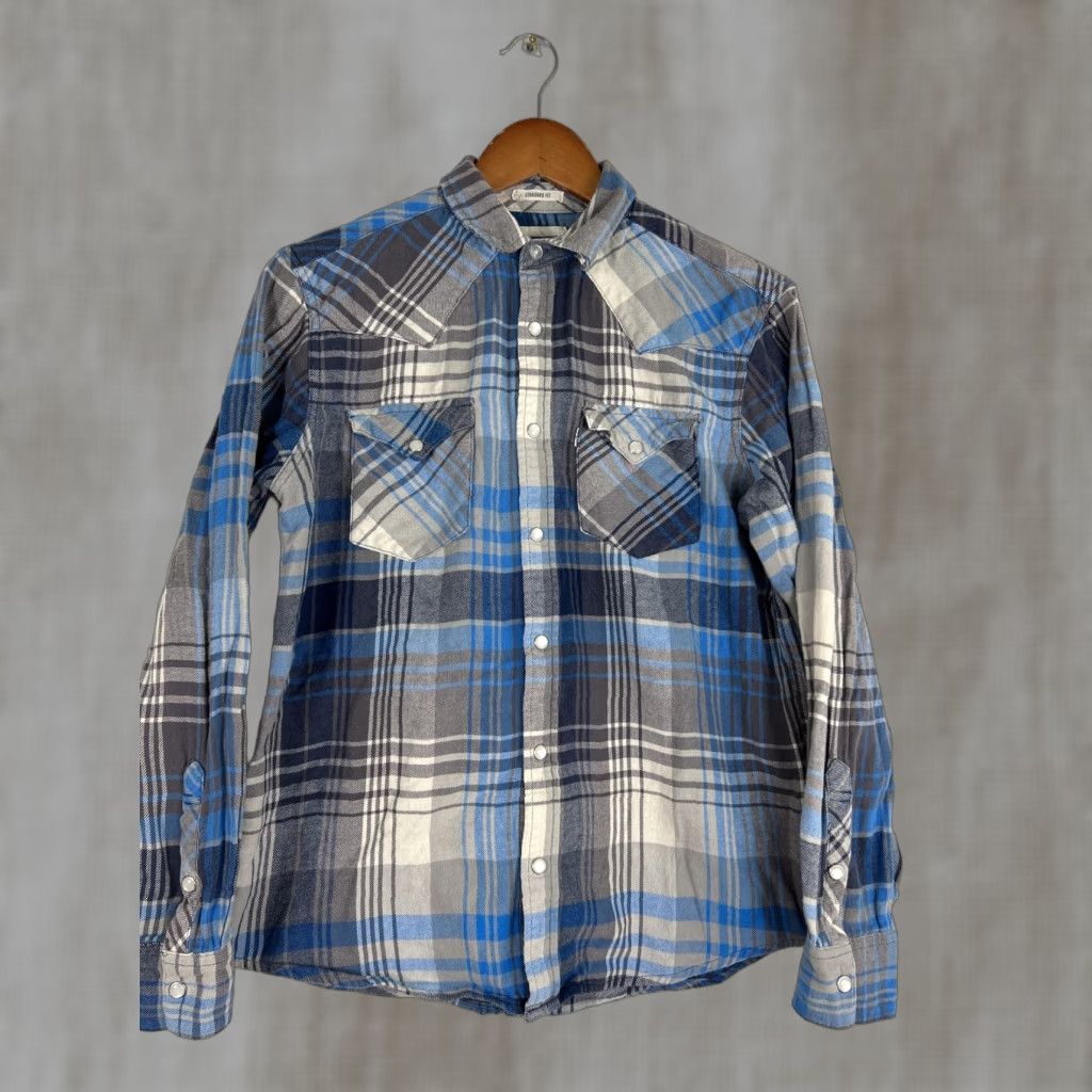 Levi's VINTAGE Levis Shirt Plaid Long Sleeve Pearl Snap Button-Up Gray Blue Mens S Short Details: Chest 21", Length 26", Sleeves 20" Size US S / EU 44-46 / 1 - 1 Thumbnail