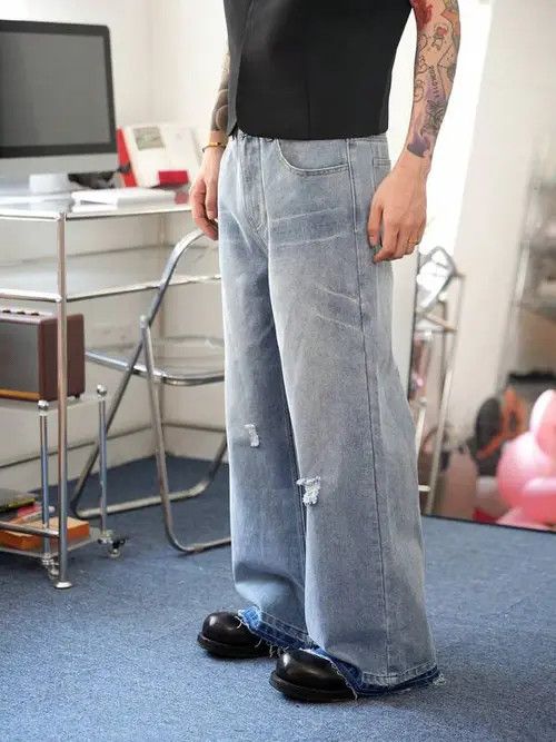Jean Distressed Wide Leg Denim Jeans Ripped VIntage Size US 32 / EU 48 - 2 Thumbnail
