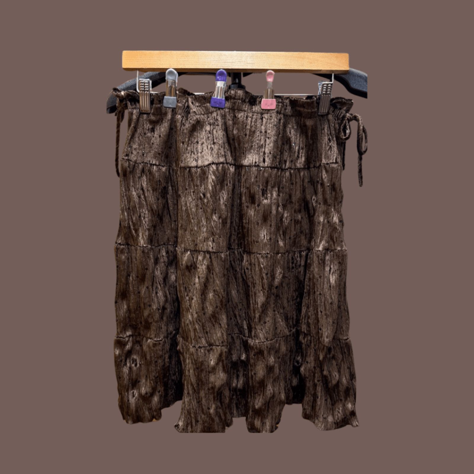 Vintage VTG Velvet Mini Skirt | Star City Brown Tiered | Y2K Boho Size 34" / US 12 / IT 48 - 1 Thumbnail