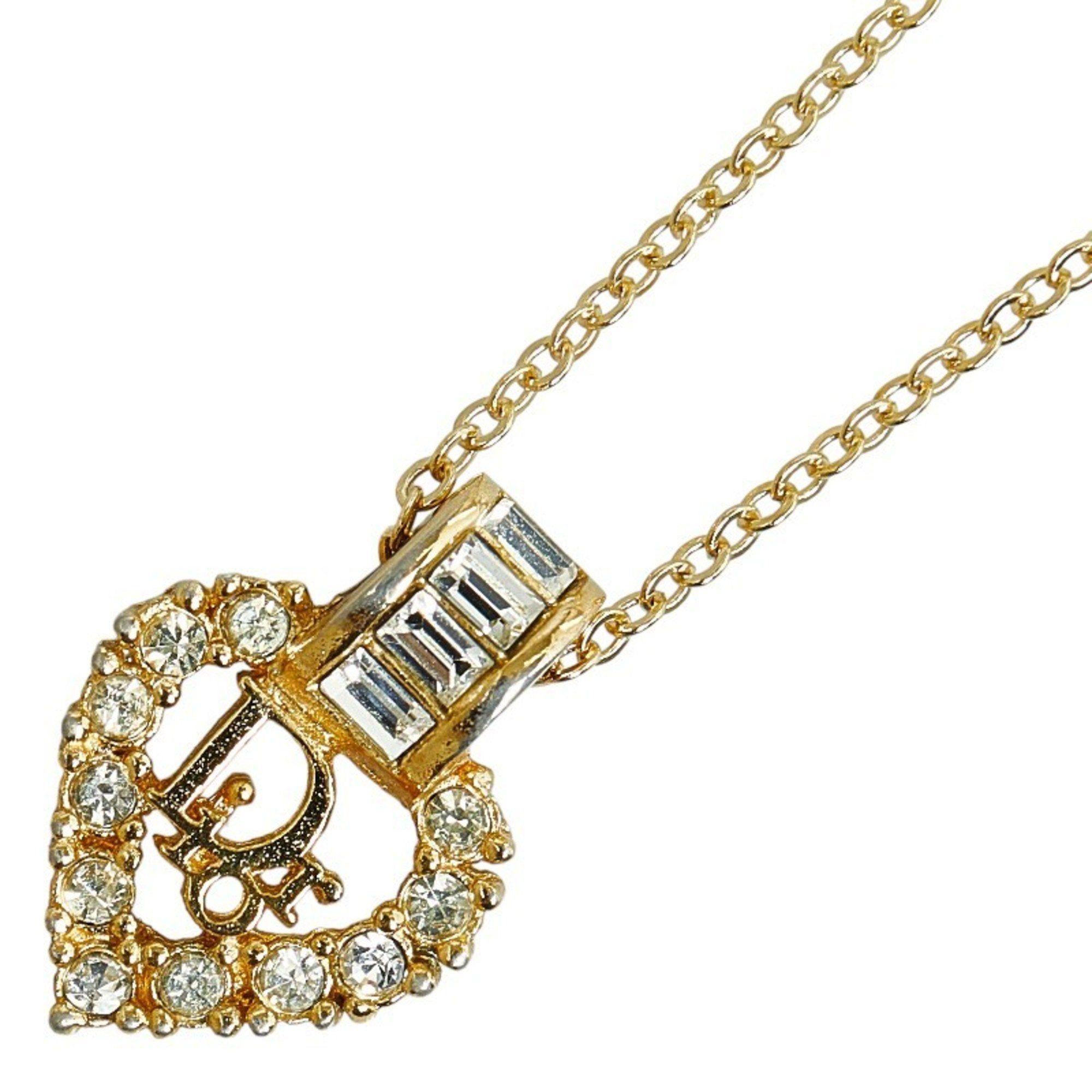image of Christian Dior Dior Heart Rhinestone Necklace Gold Plated Women's
