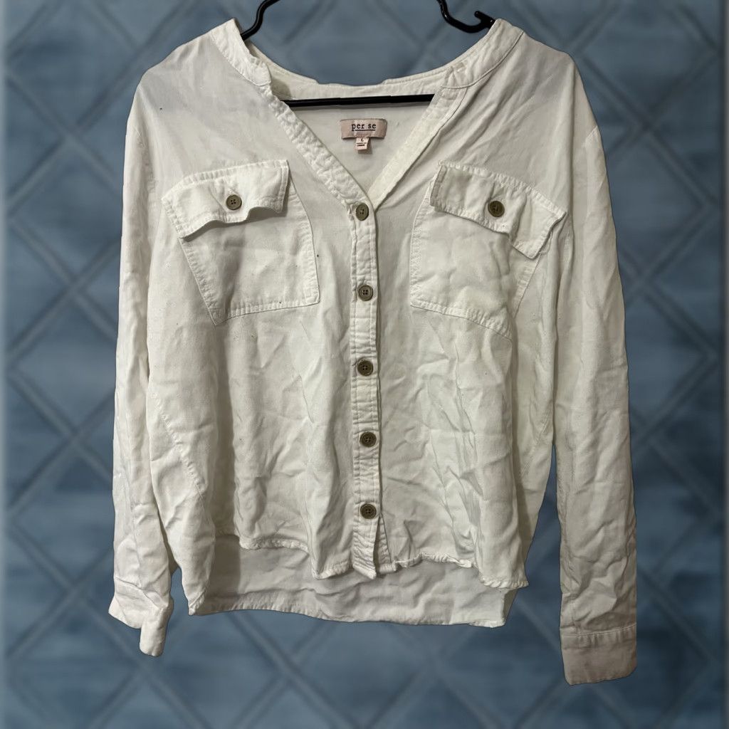 Vintage Per Se Blouse White Rayon Ruched Bodice Button Down L/S Cotton Blend Slim Fit Women's Shirt, L Size L / US 10 / IT 46 - 1 Thumbnail