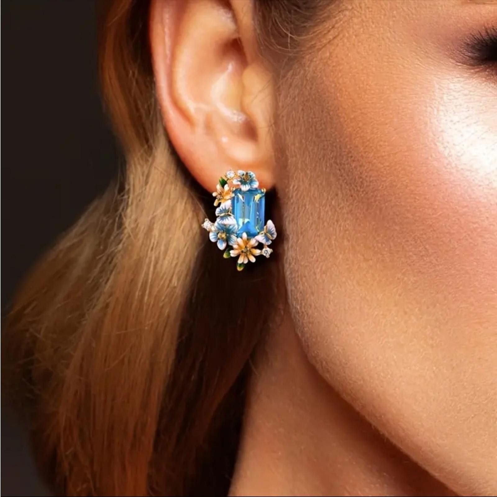 Designer Elegant Blue and Gold Floral Earrings Size ONE SIZE - 1 Thumbnail