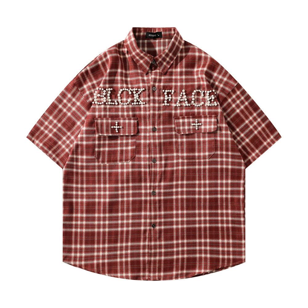 Japanese Brand × Vintage American loose men's trendy beaded letter plaid casual shirt Size US M / EU 48-50 / 2 - 1 Thumbnail
