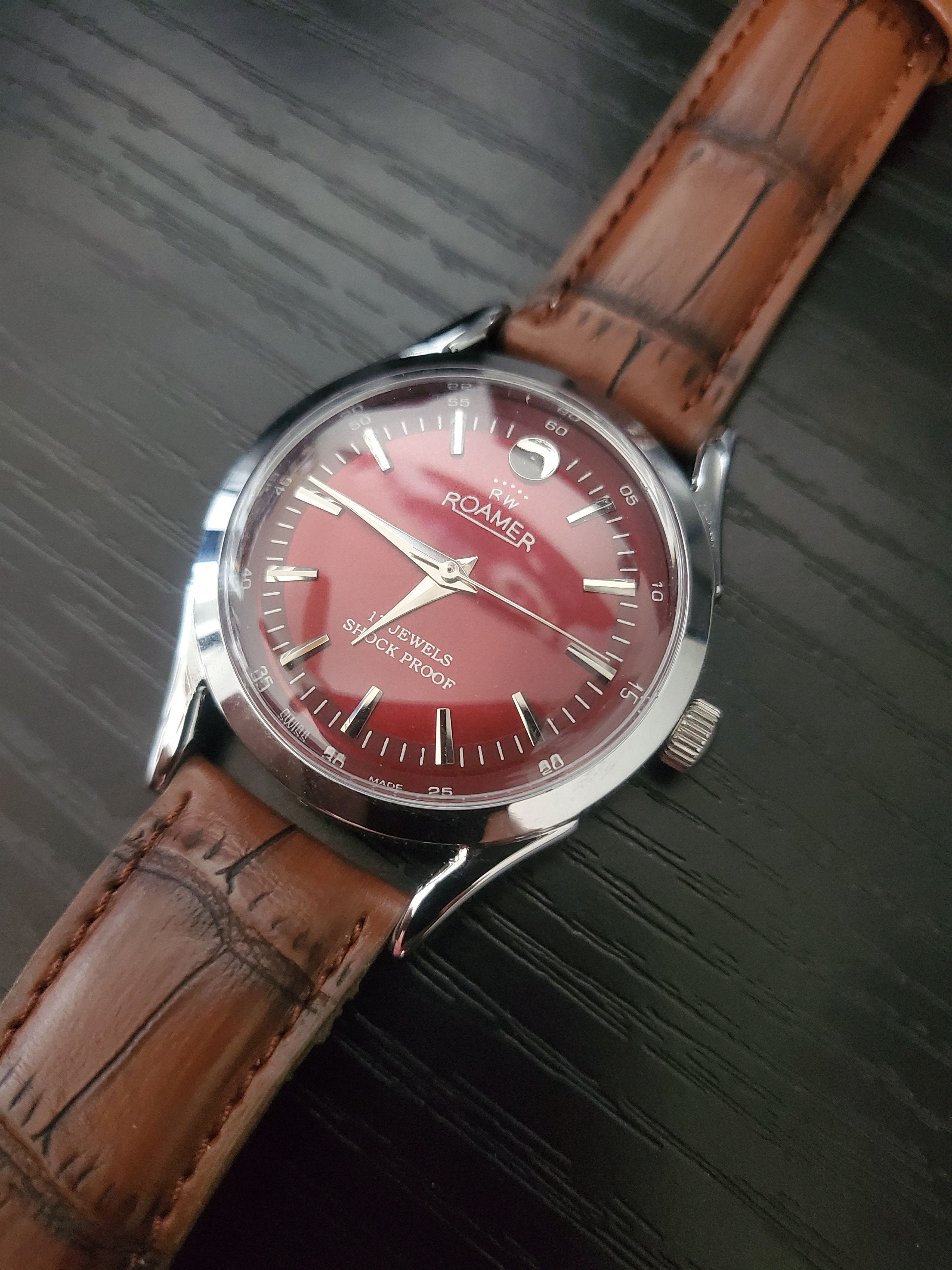 image of Roamers New Roamer Am017 Mechanical Mens Vintage Swiss Watch in Red/Brown/Silver