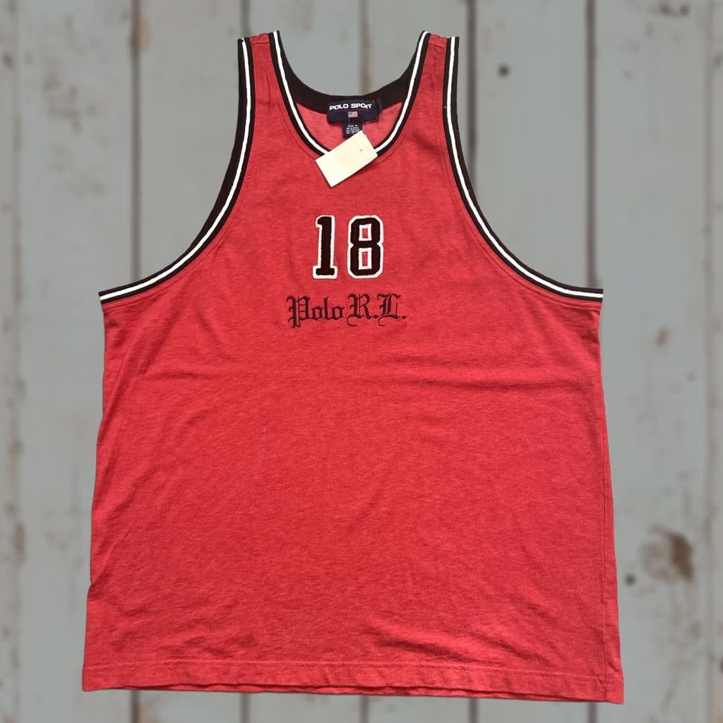 Vintage VINTAGE Polo Sport Shirt Unisex Adults L Red 1990s Spell Out Basketball Tank Top Jersey NWT Size US L / EU 52-54 / 3 - 1 Thumbnail