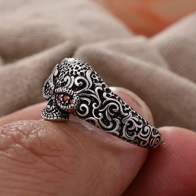 Jewelry Carved Flower Skeleton Head Ring Size ONE SIZE - 2 Thumbnail