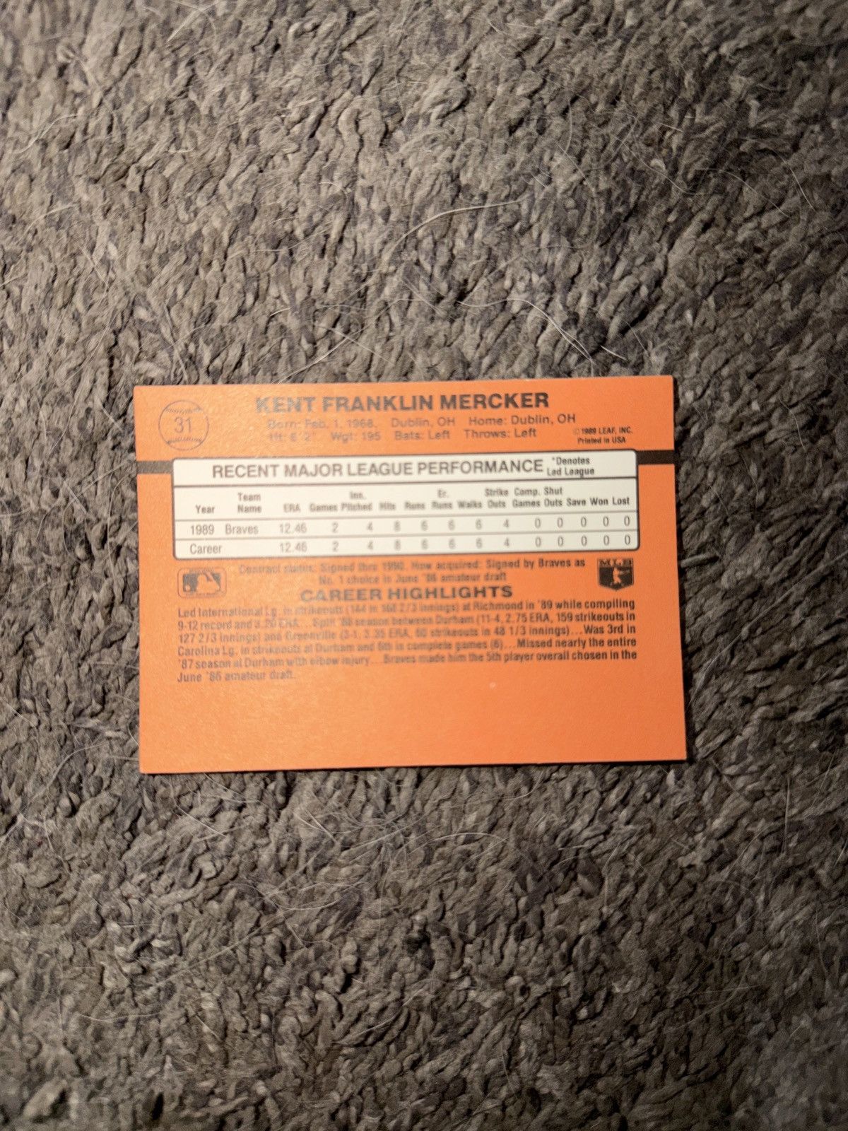MLB 1989 Donruss #31 Kent Mercker Card Size ONE SIZE - 2 Thumbnail